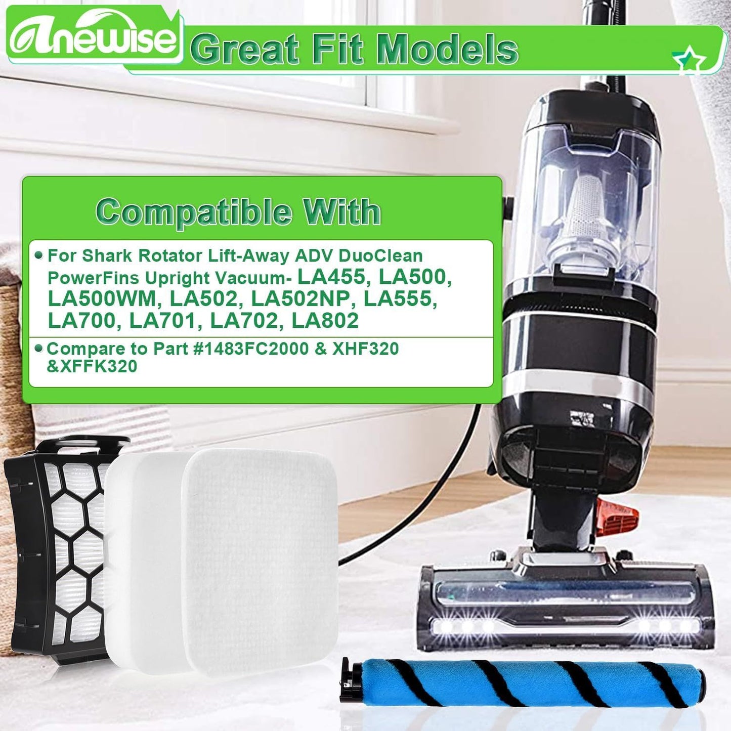ilter Brush or Shark Rotator Lit-Away DuoClean LA702 LA802 LA502 LA502NP LA500 LA500WM LA455 LA700 LA555 LA701 Upright Vacuum, 1 Brush, 2+4 ilters, Part #1483C2000, XH320, XK320