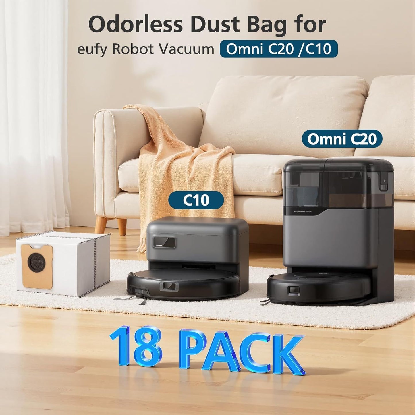 18 pcs Dust Bags or euy Omni C20 C10 Robot Vacuum, 3.6L Large Capacity Replacement Bags with 3-Layer Odorproo & Leakproo abric