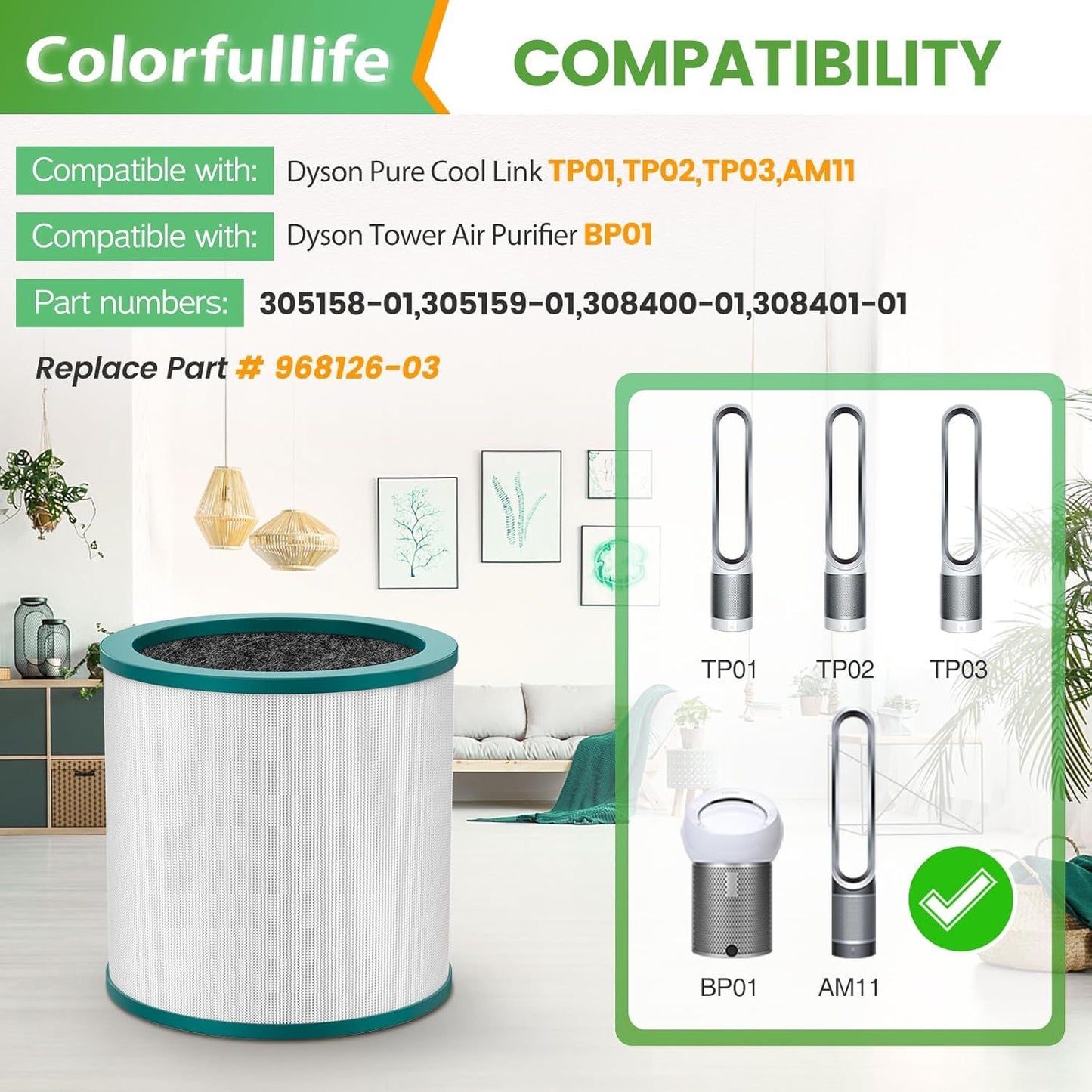 Replacement Air Puriier ilter or Dyson Tower Puriier Pure Cool Link TP01, TP02, TP03, BP01, Compare to Part 968126-03，2 Pack