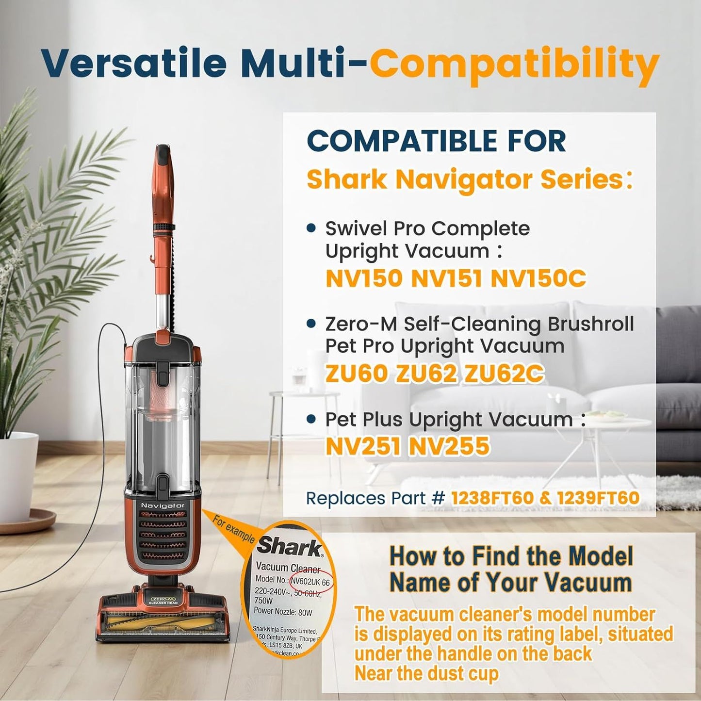 ilters or Shark Navigator Zero-M Sel-Cleaning Brushroll Pet Pro Upright Vacuum ZU60 ZU62 ZU62C NV251,NV255, Replacement Parts Parts #1238T60&1239T60