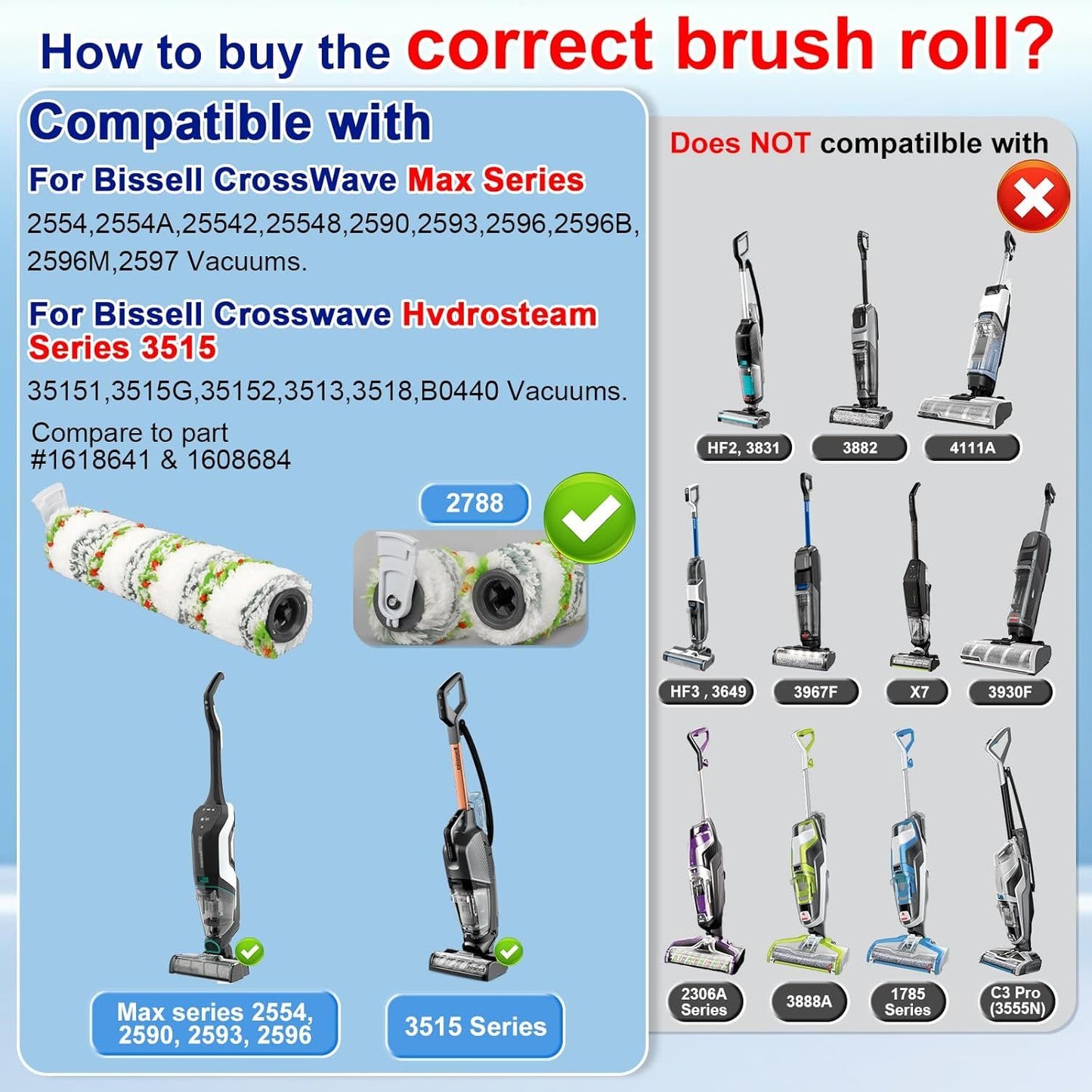 3 Pack Multi-Surace Pet Brush Rolls 2788 and 3 Pack Vacuum ilters 1866 or Bissell CrossWave Max 2554 2590 2593 2596 or HydroSteam 35151 3515 35152 3513 3518 Vacuums, Part 1618641 & 1608684