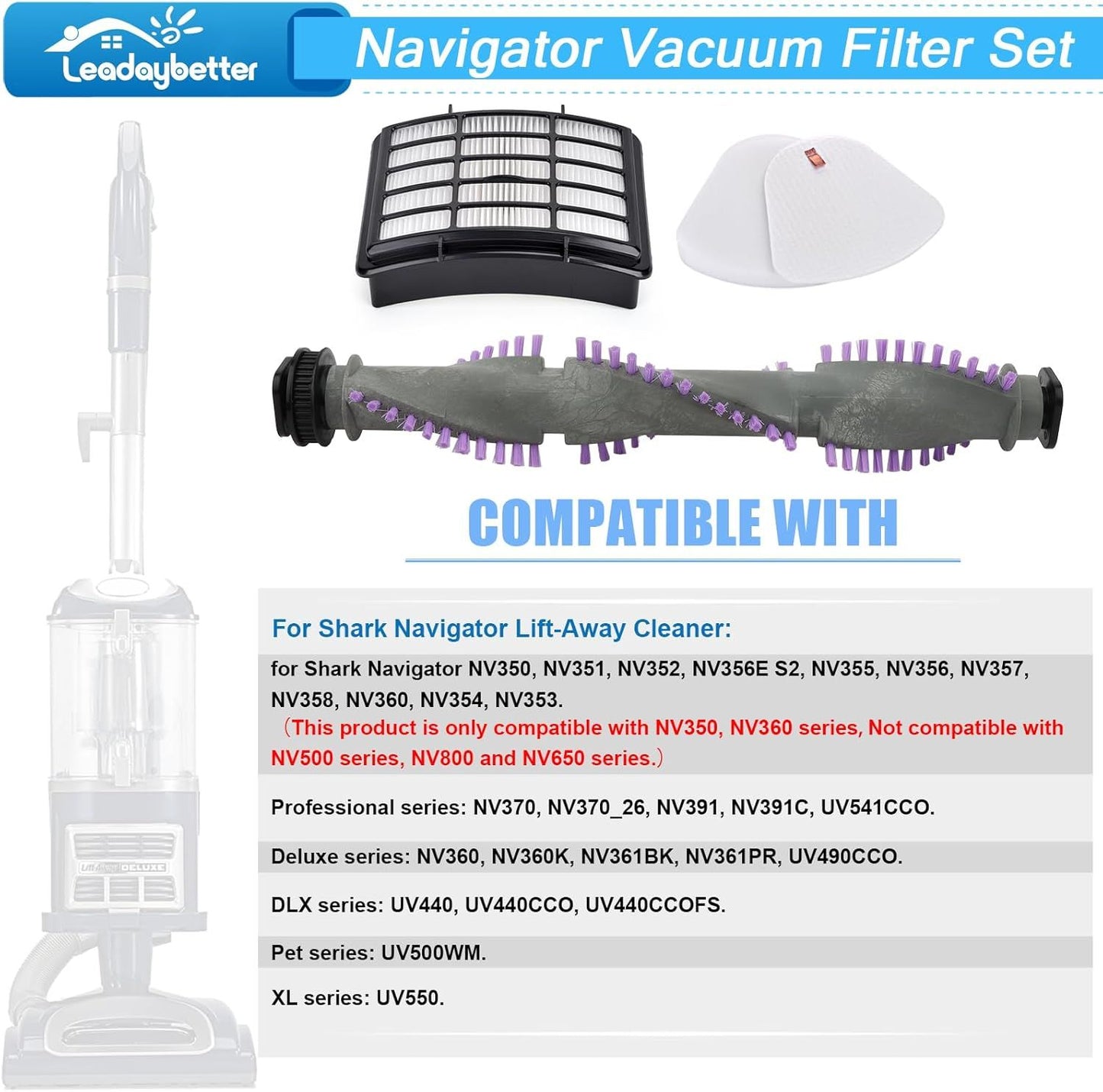 Brush Roll ilter Replacement or Shark Navigator Lit Away NV350 NV351 NV352 NV356E S2 NV360 NV355 NV356 NV357 NV358 Vacuum Cleaner, with Belt and Wheels