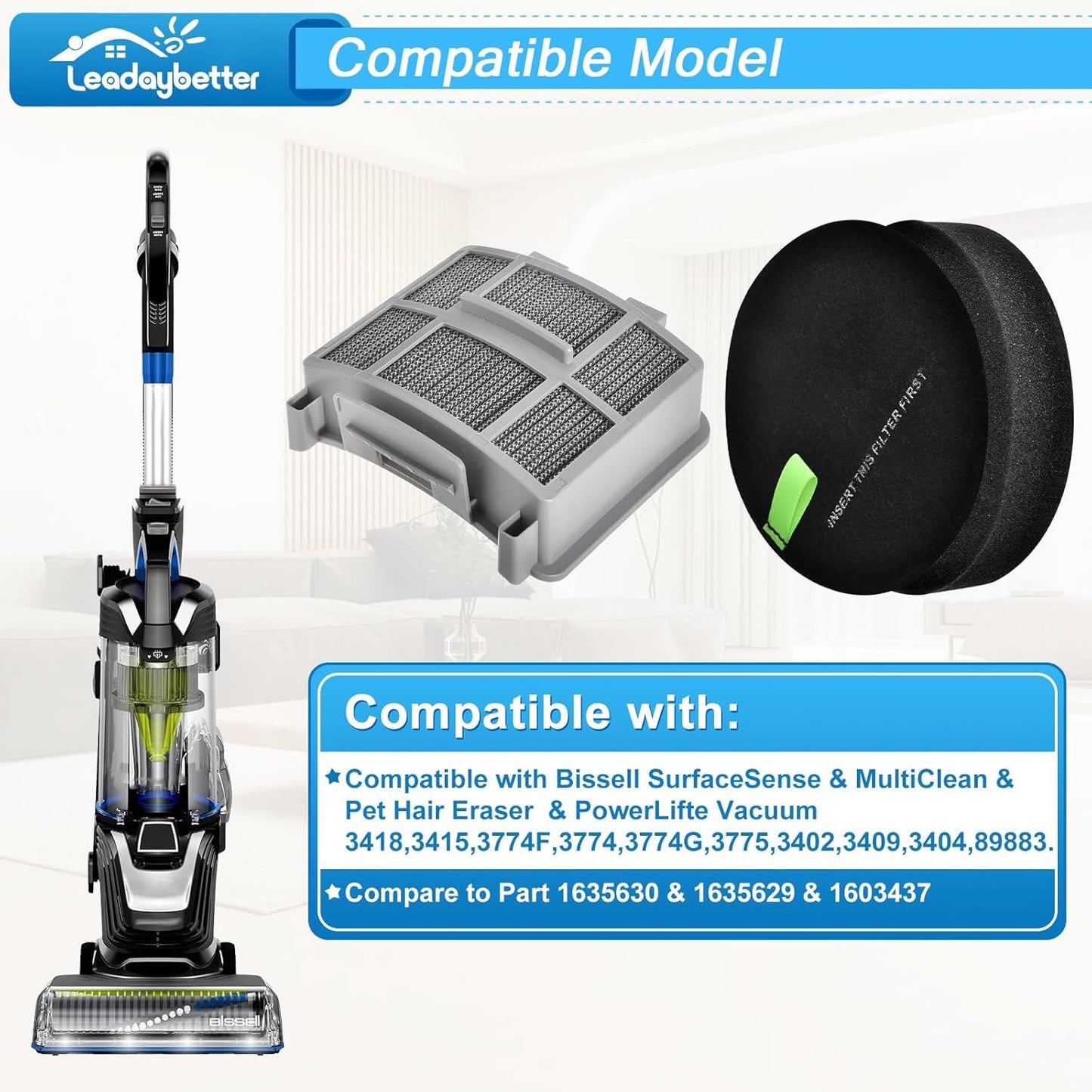 39883 Vacuum ilter or Bissell Pet Hair Eraser 39883 3418 3774 3409 3774 3774G 3775 3415 3404 3402 SuraceSense Vacuums, Model 1635630 & 1635629