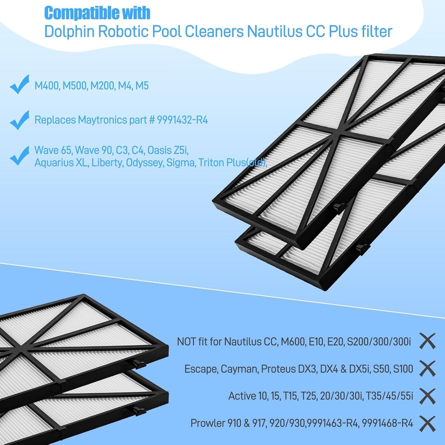 Ultra ine Cartridge ilter Replacement or Dolphin Nautilus CC Plus, M200 / M400 / M500 Robotic Pool Cleaner Parts, Replaces Part # 9991432-R4, 4 Pack