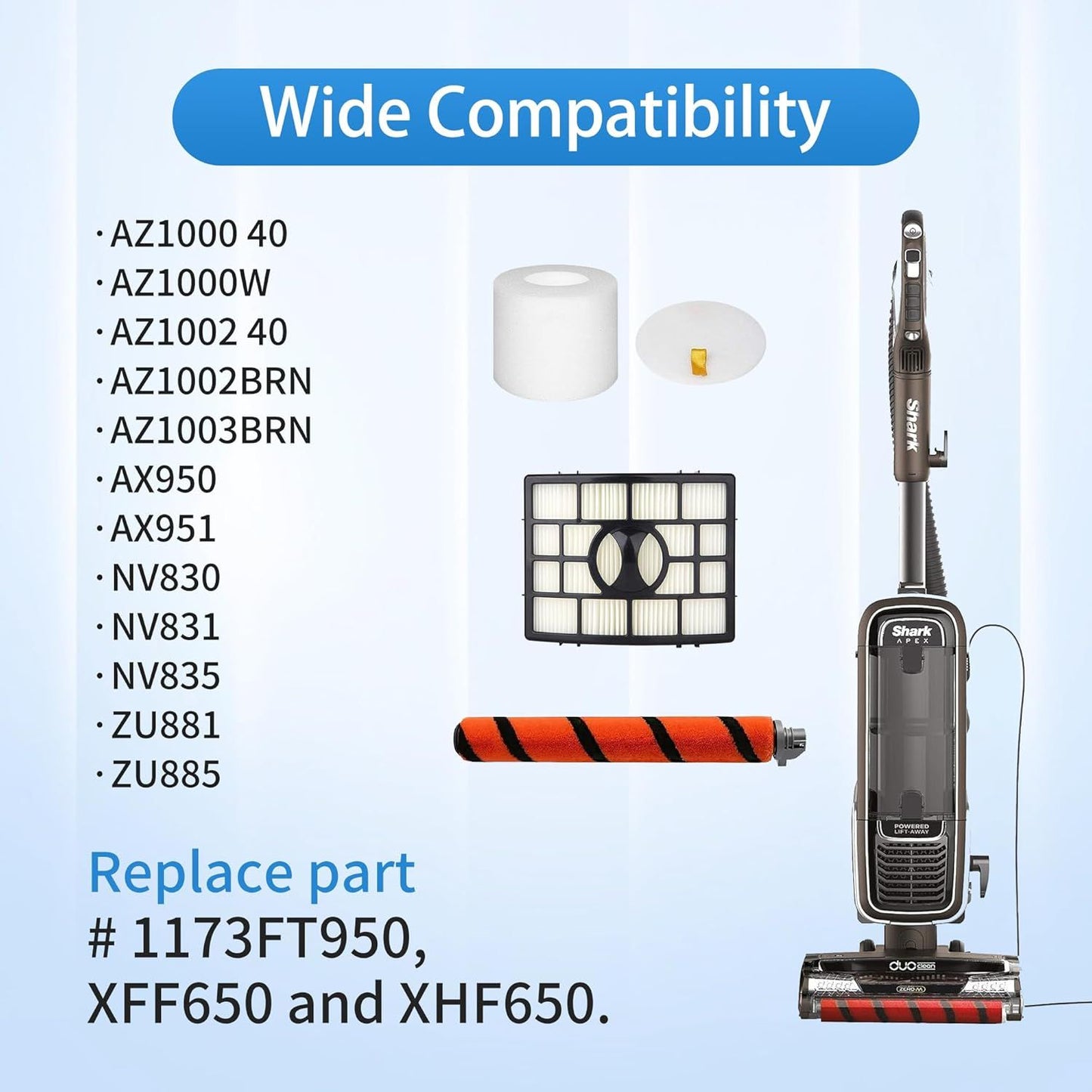 Replacement Brush Roll ilters Compatible with Shark Apex DuoClean AZ1000 AZ1002 AZ1003BRN AX950 AX951 AX952 NV830 NV831 NV835 ZU881 ZU885 Vacuum,Part # 1173T950,X650 and XH650