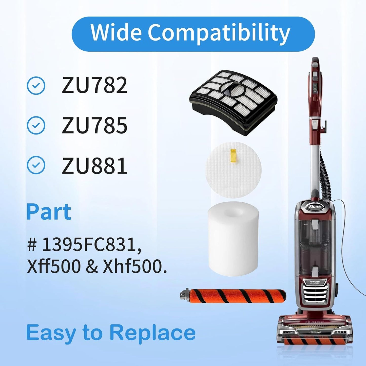 Hepa oam & elt ilter Brushroll Replacement Kit or Shark Rotator Proessional Lit-away DuoClean Vacuum ZU780 ZU782 ZU785, Replaces Part # 1395C831 & X500 & Xh500
