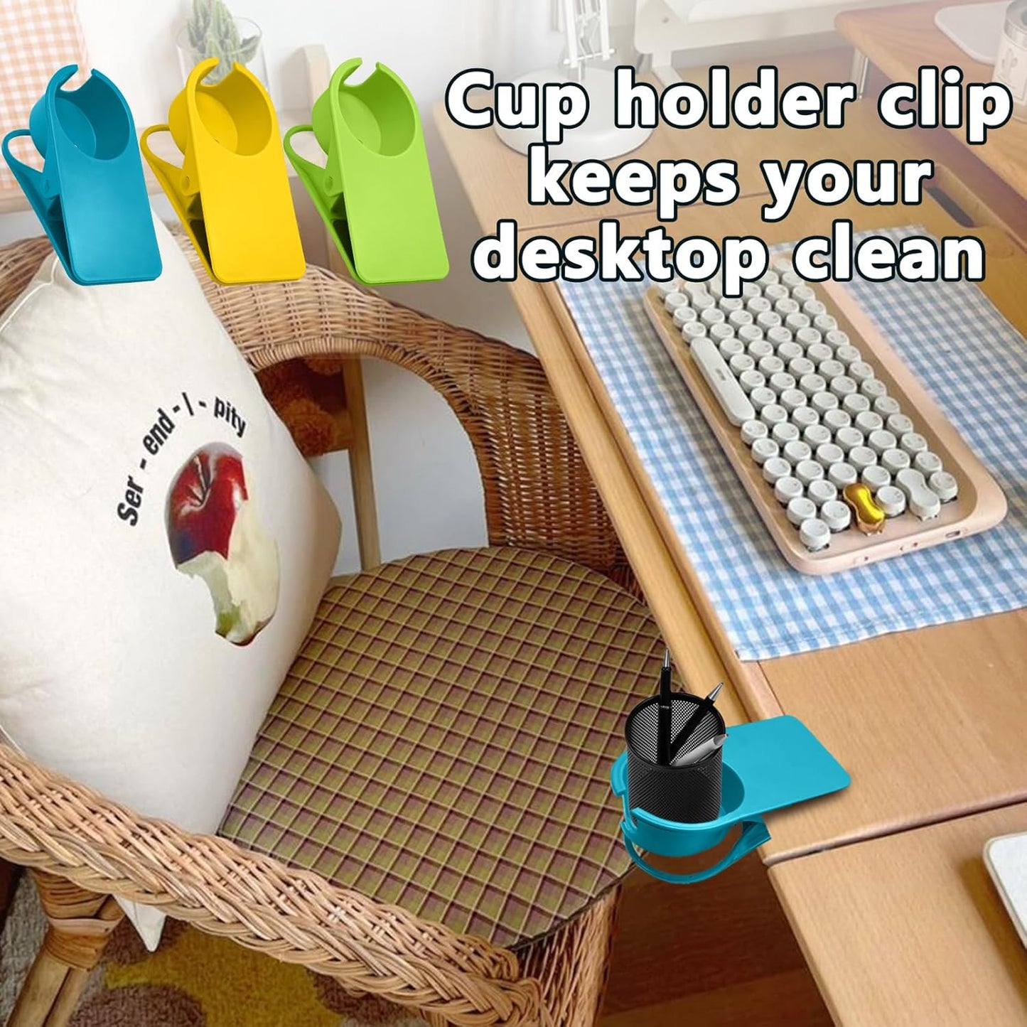 Biaungdo 3 Pack Drinking Cup Holder Clip with Side Hole, Desk Drink Holder Desk Side Clamps Clip Cup Holder Chair Cup Holder for Water Drink Beverage Soda Coffee Mug Holder(Green, Blue, Yellow)