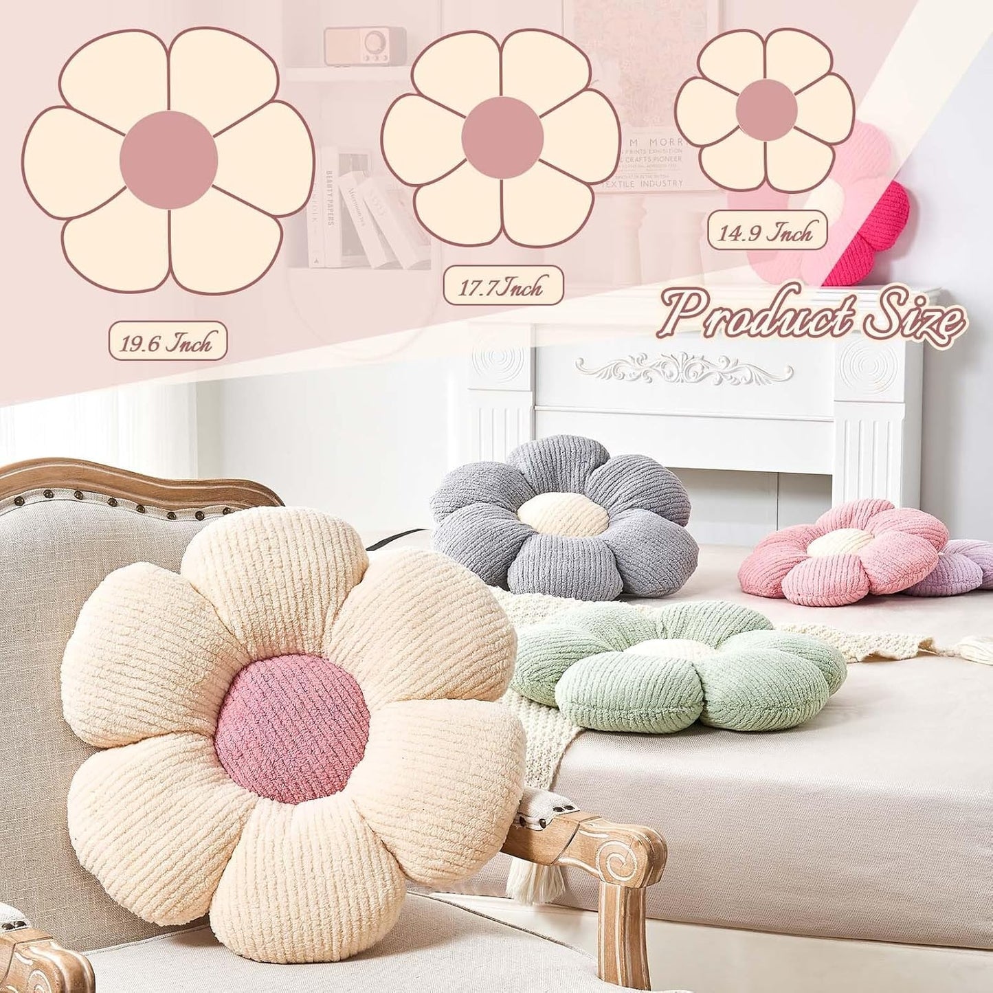 Flower Throw Pillow, Soft Sage Green 14.9" Shaped Floor Pillow for Home Decor, Cute Aesthetic Plush Decorative Pillows for Bed, Sofa, Couch