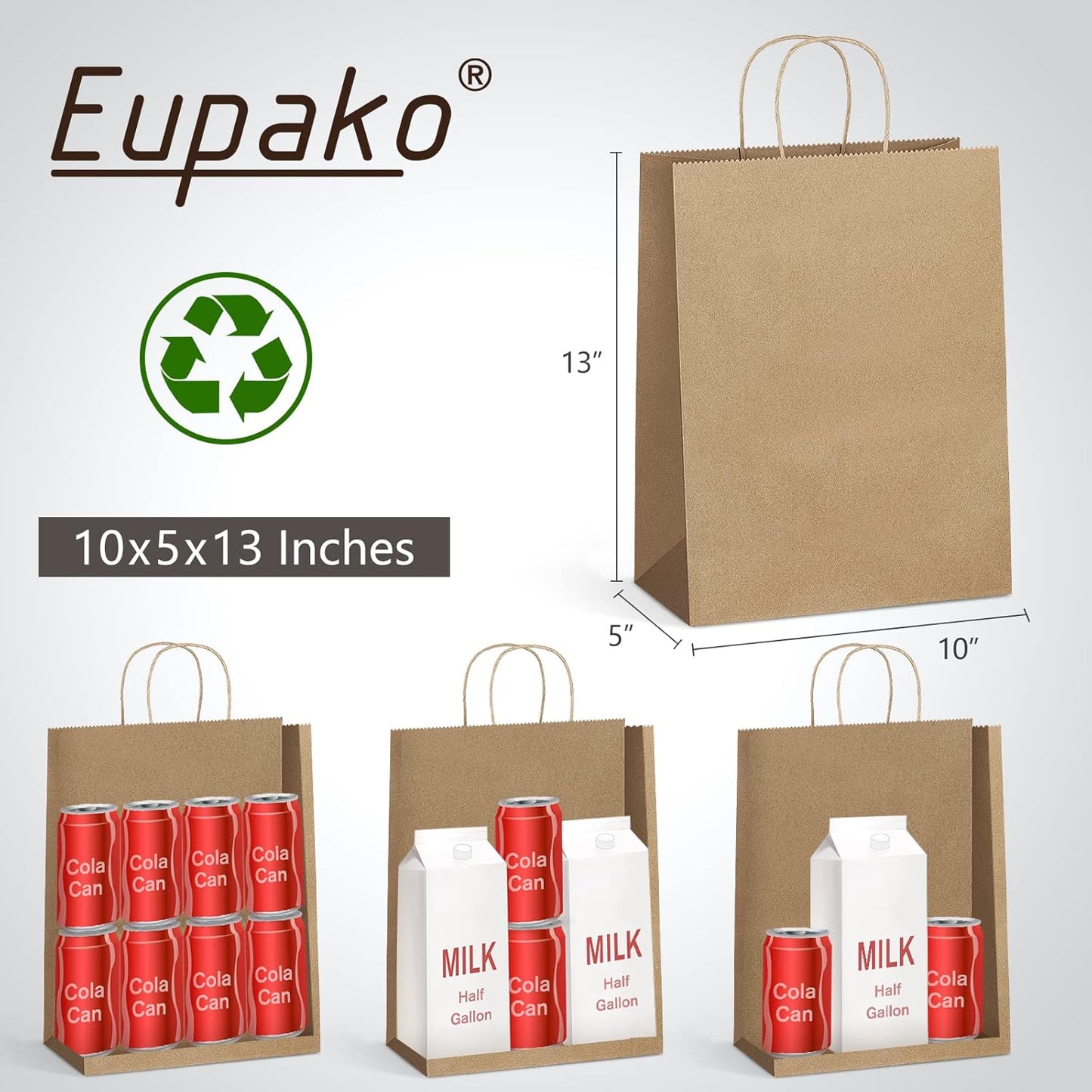 Eupako Kraft Shopping Bags 10x5x13 - 100 PCS Brown Paper With Handles, Gift Bulk, Party Favor, Merchandise, Retail