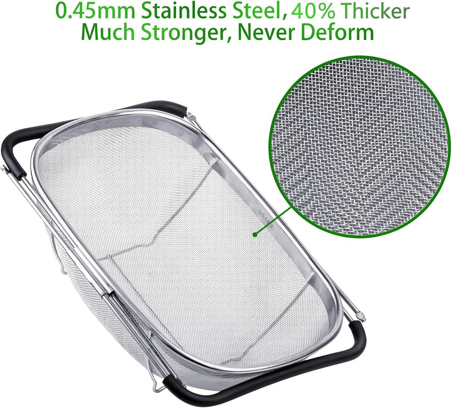 6-Quart Large Over The Sink Colander, Heavy Duty 40% Thicker 18/8 Stainless Steel ine Mesh Strainer Basket with Expandable Rubber Grip Handles - Strain, Drain, Rinse ruits, Vegetables