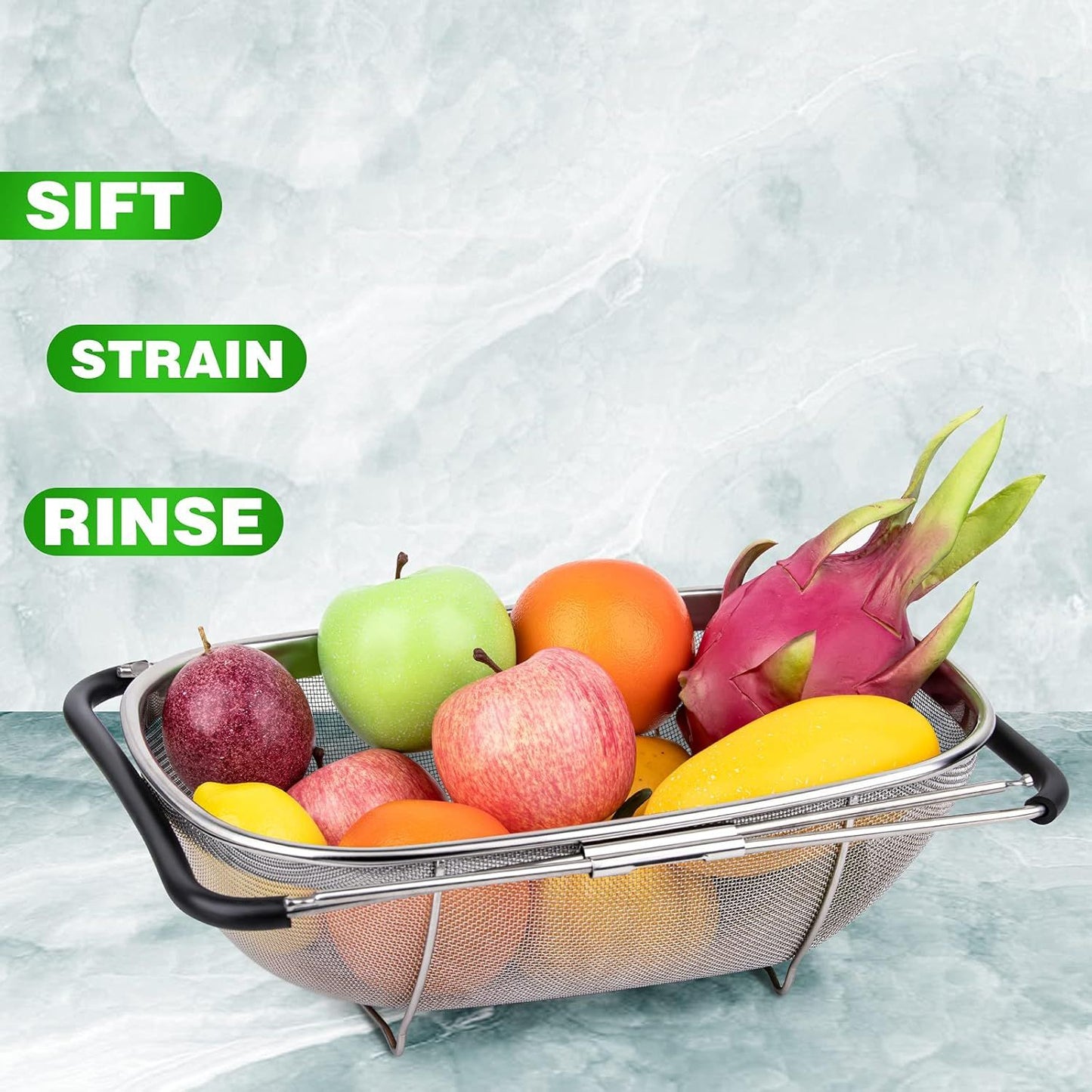 6-Quart Large Over The Sink Colander, Heavy Duty 40% Thicker 18/8 Stainless Steel ine Mesh Strainer Basket with Expandable Rubber Grip Handles - Strain, Drain, Rinse ruits, Vegetables