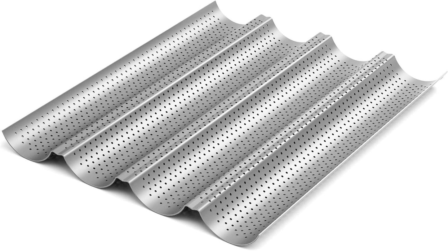 2 Pack Nonstick Perorated Baguette Pan 15" x 13" or rench Bread Baking 4 Wave Loaves Loa Bake Mold Oven Toaster Pan (Silver)