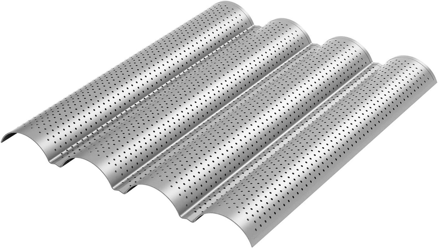 2 Pack Nonstick Perorated Baguette Pan 15" x 13" or rench Bread Baking 4 Wave Loaves Loa Bake Mold Oven Toaster Pan (Silver)