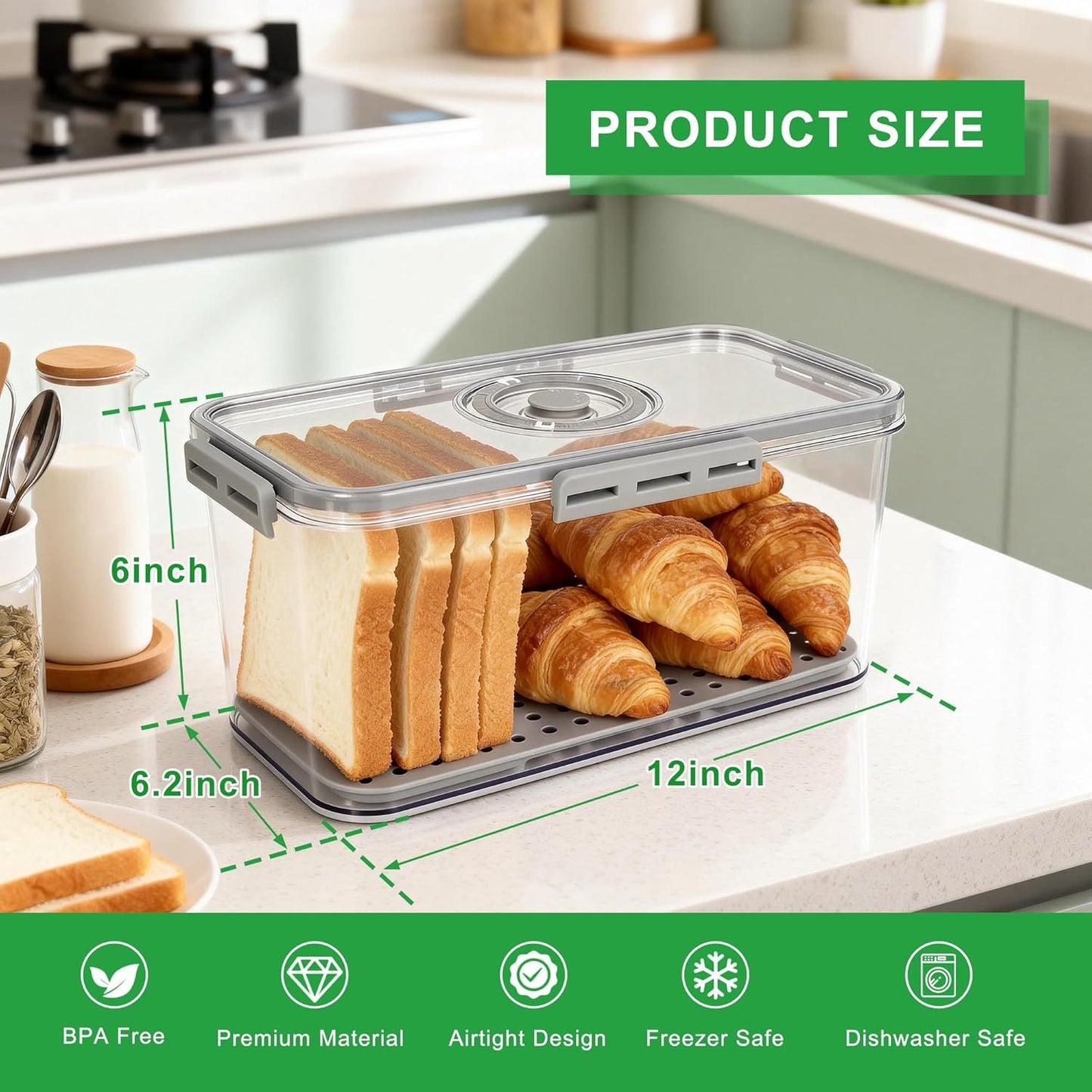 Plastic Bread Box or Kitchen Countertop, Airtight Bread Storage Container or Homemade Bread, Toast, Loa, Bagel, Donut and Cookies, Time Recording Bread Keeper, Dishwasher Sae