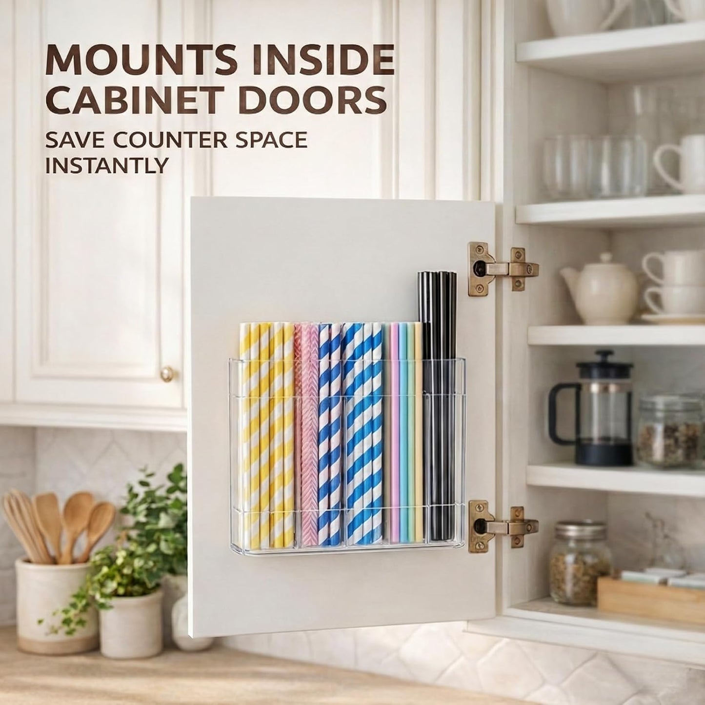 Fengzhe 9.5" Acrylic Straw Holder for Cabinet Door – Reusable Space-Saving Organizer with Strong Double-Sided Adhesive Tape, Straw Container for Kitchen Cupboard or Countertop (Transparent)