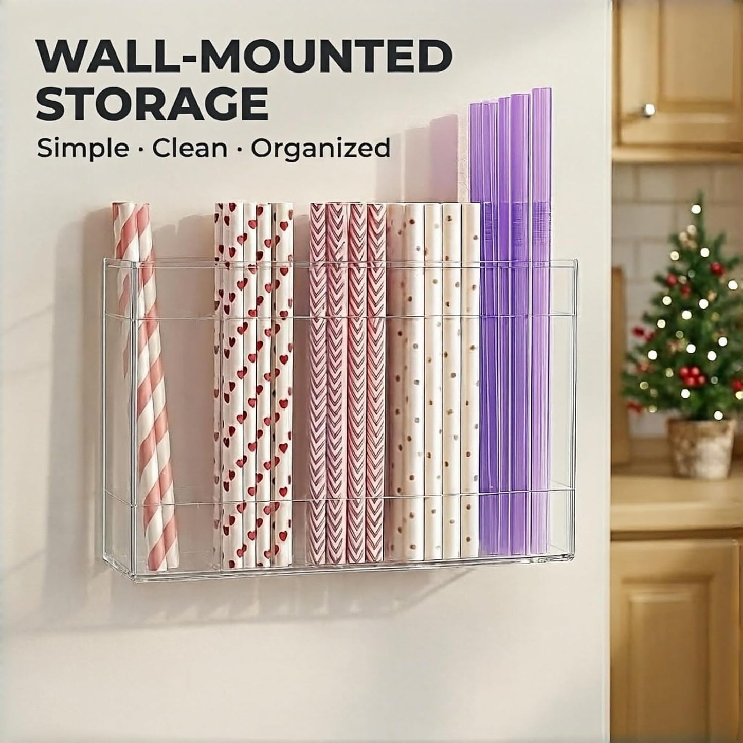 Fengzhe 9.5" Acrylic Straw Holder for Cabinet Door – Reusable Space-Saving Organizer with Strong Double-Sided Adhesive Tape, Straw Container for Kitchen Cupboard or Countertop (Transparent)