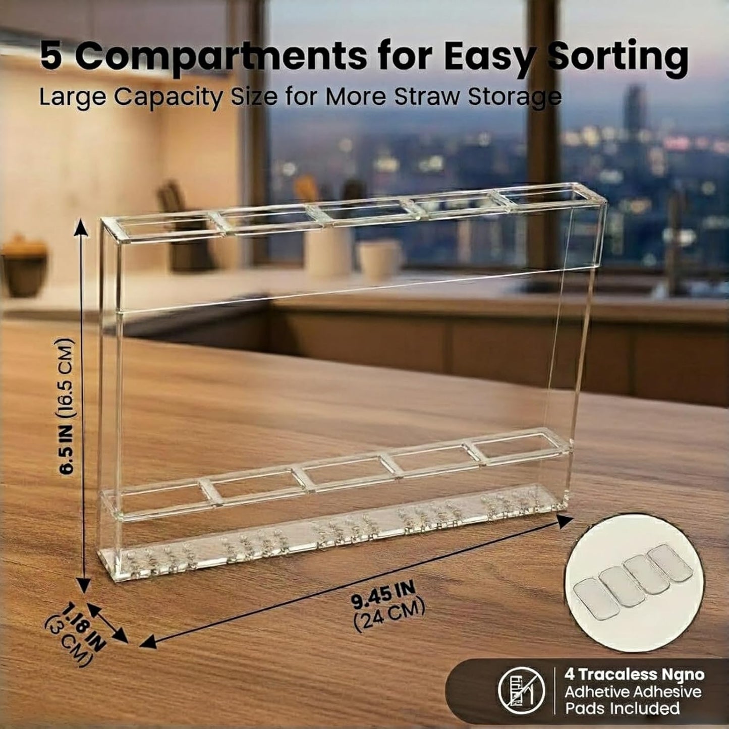 Fengzhe 9.5" Acrylic Straw Holder for Cabinet Door – Reusable Space-Saving Organizer with Strong Double-Sided Adhesive Tape, Straw Container for Kitchen Cupboard or Countertop (Transparent)