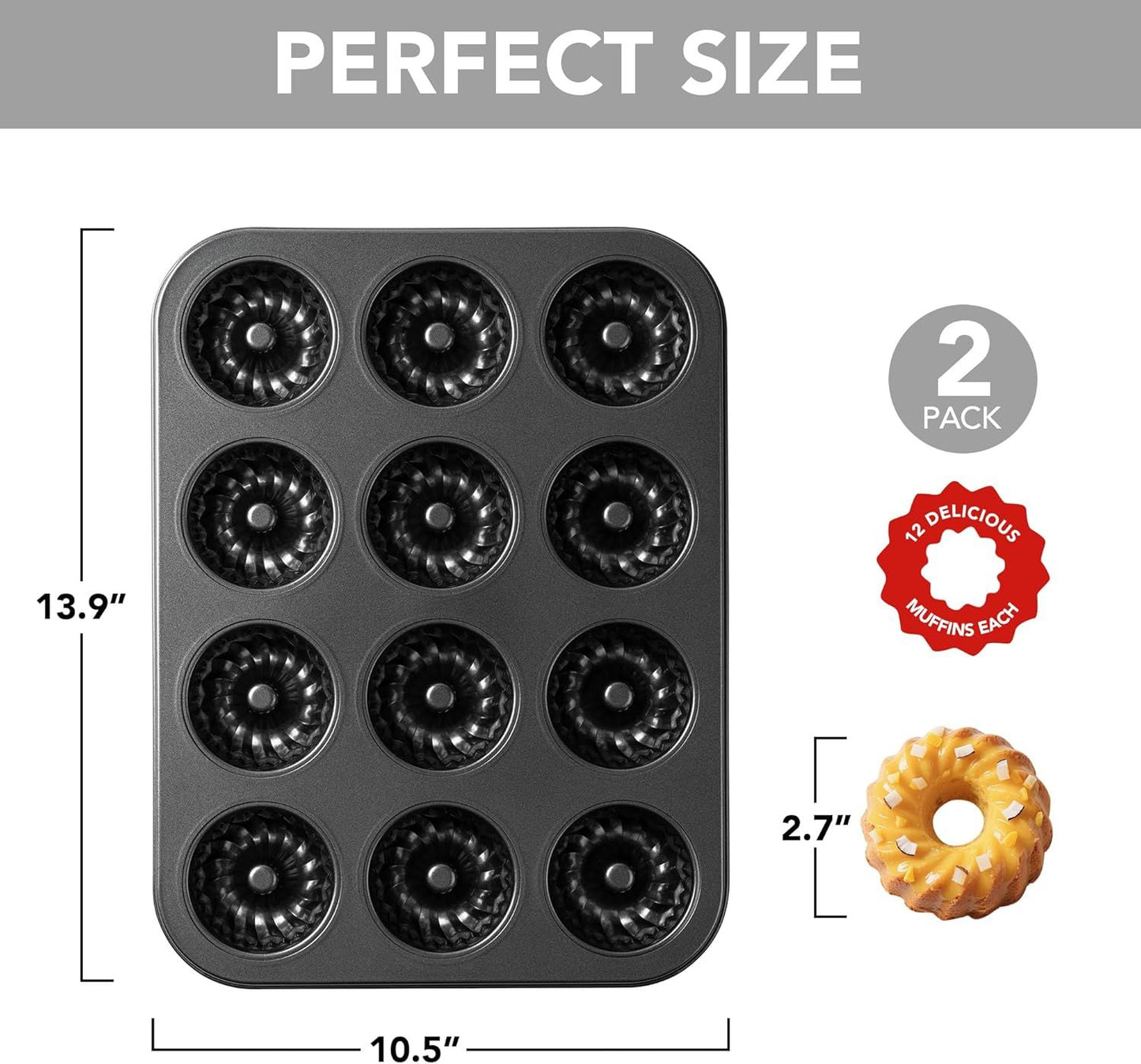 Mini luted Tube Cake Pan, 12 Cavity Baking Pan, Non-stick Baking Mold or Cupcakes, Donuts, Cornbread, Brownies, Jellies, Set o 2
