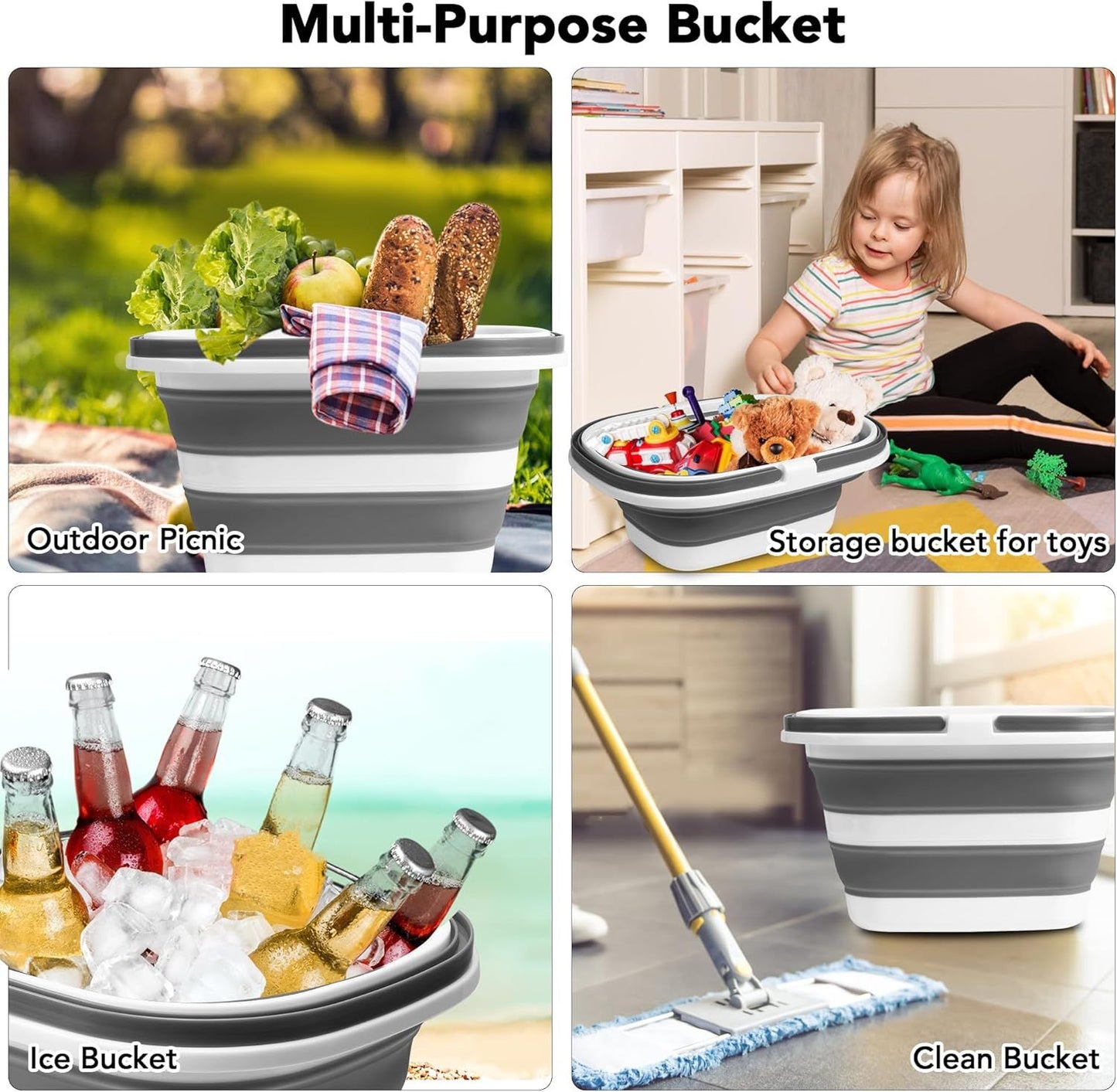 Large Collapsible Mop Bucket, 16L(4.2 Gallon) Plastic Bucket or House Cleaning, Car Washing, Silicone Cleaning Supplier Organizer, Portable Basket with Handle or Laundry Storage, RV Camping, ishing