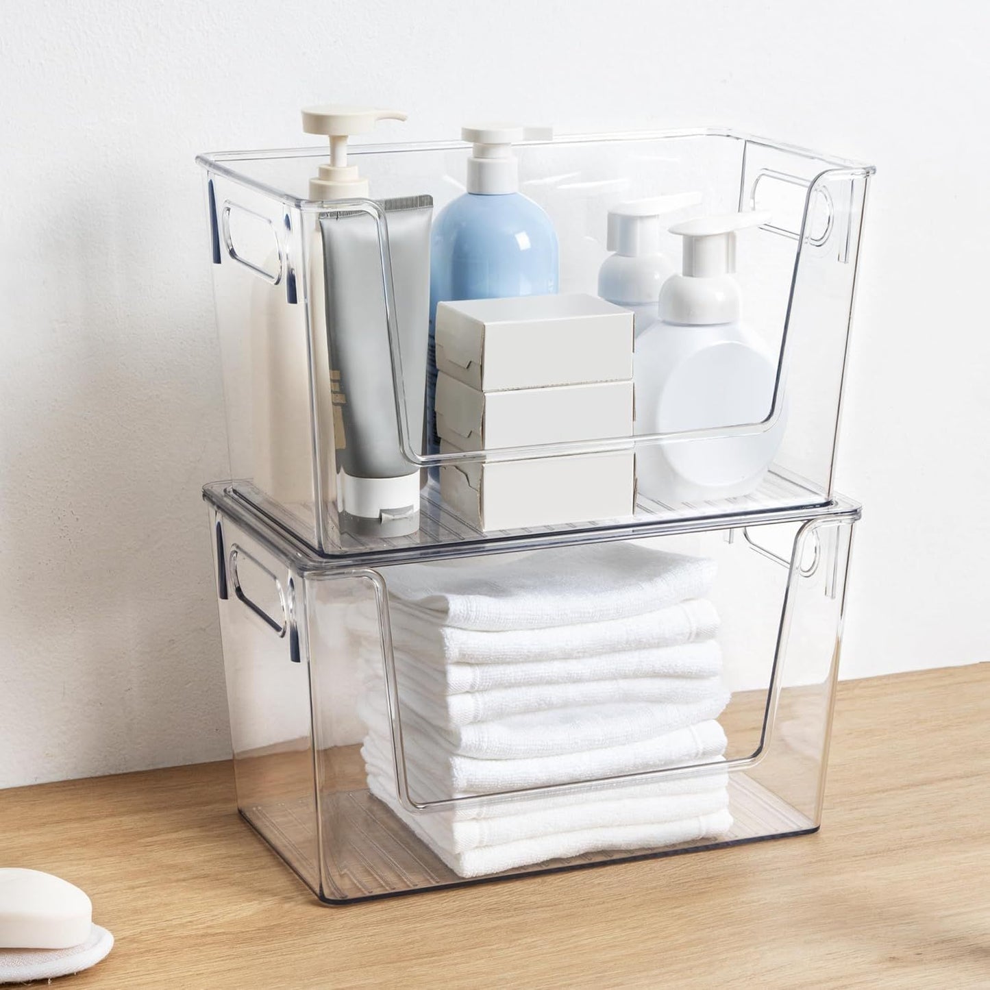 2 Pack Large Stackable Storage Bins, Plastic Container Organizer with Open ront, Pantry Organizers and Storage or Potato, Onion, ruit and Vegetable, Clear Kitchen Laundry Organizer with Lid