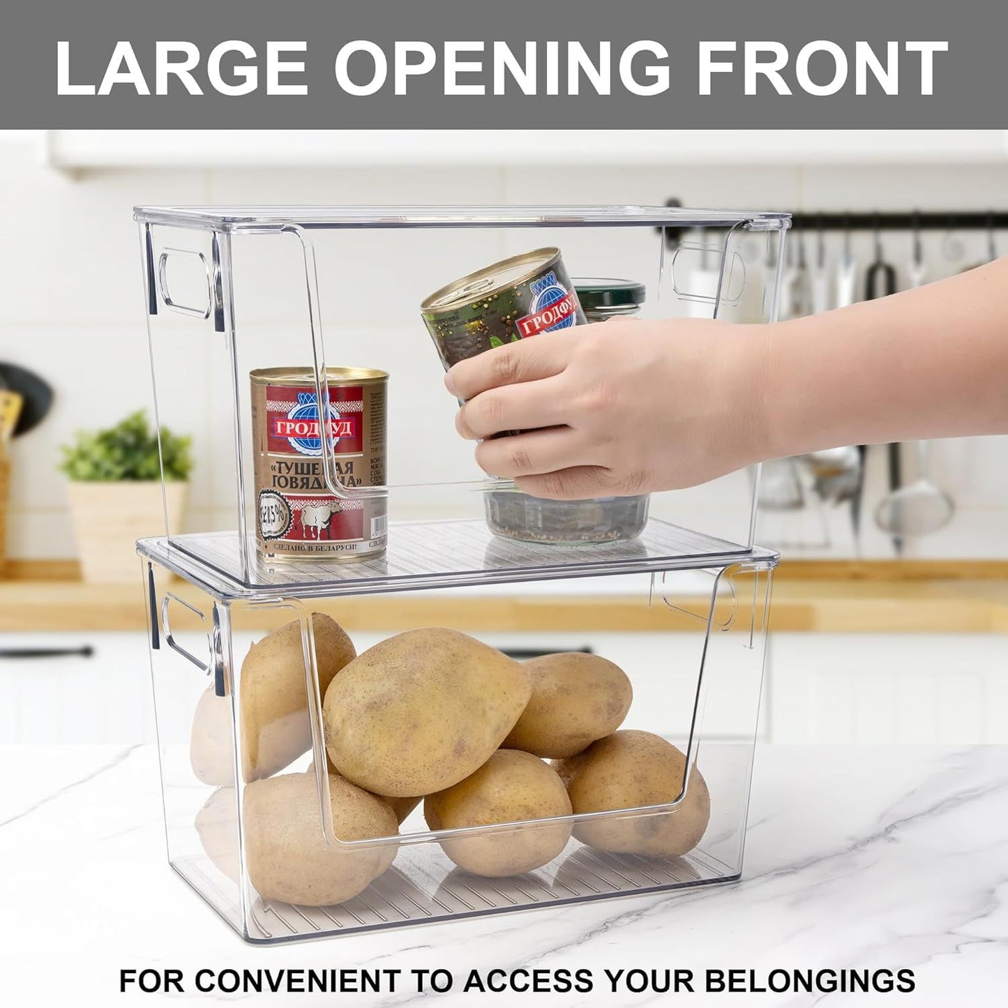 2 Pack Large Stackable Storage Bins, Plastic Container Organizer with Open ront, Pantry Organizers and Storage or Potato, Onion, ruit and Vegetable, Clear Kitchen Laundry Organizer with Lid