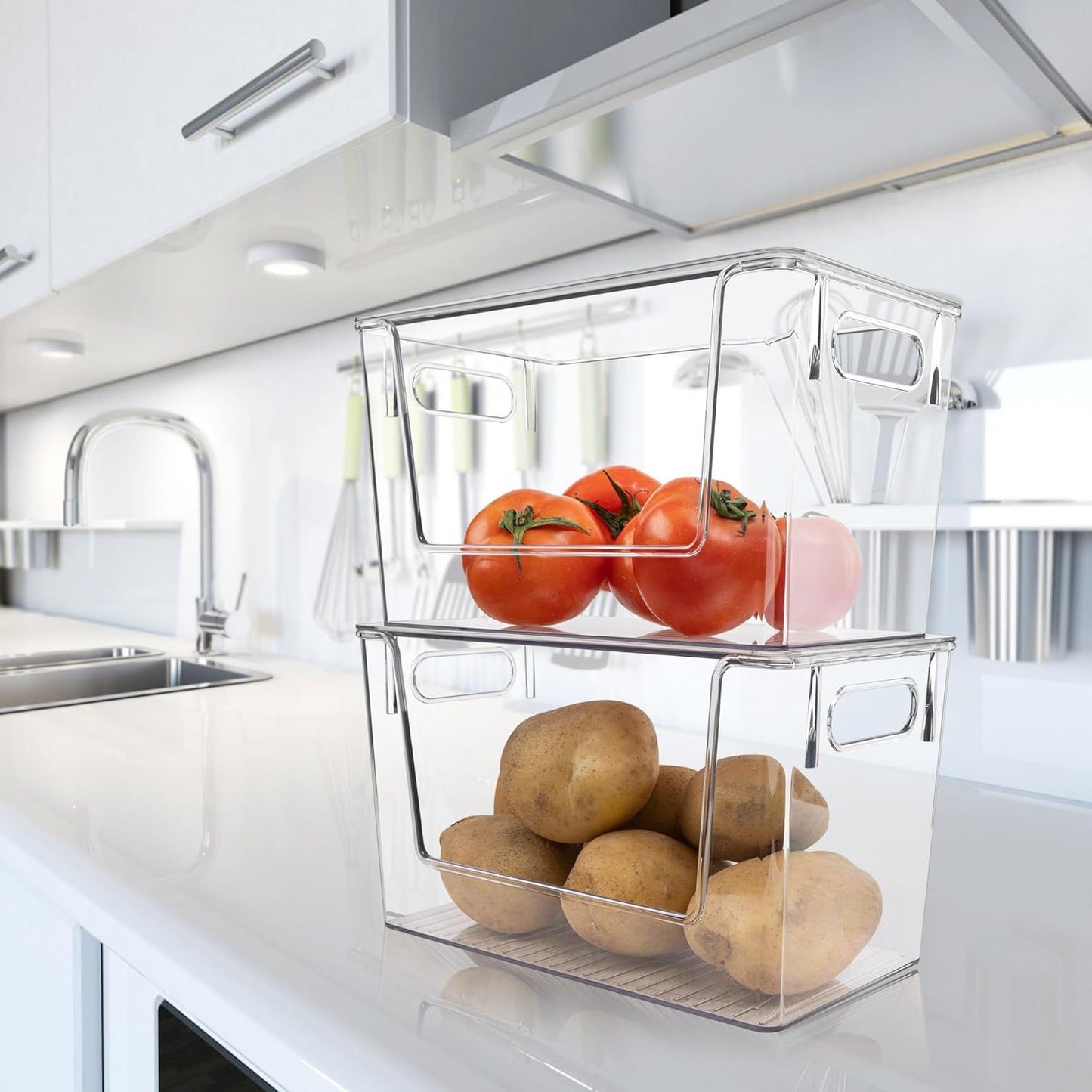 2 Pack Large Stackable Storage Bins, Plastic Container Organizer with Open ront, Pantry Organizers and Storage or Potato, Onion, ruit and Vegetable, Clear Kitchen Laundry Organizer with Lid