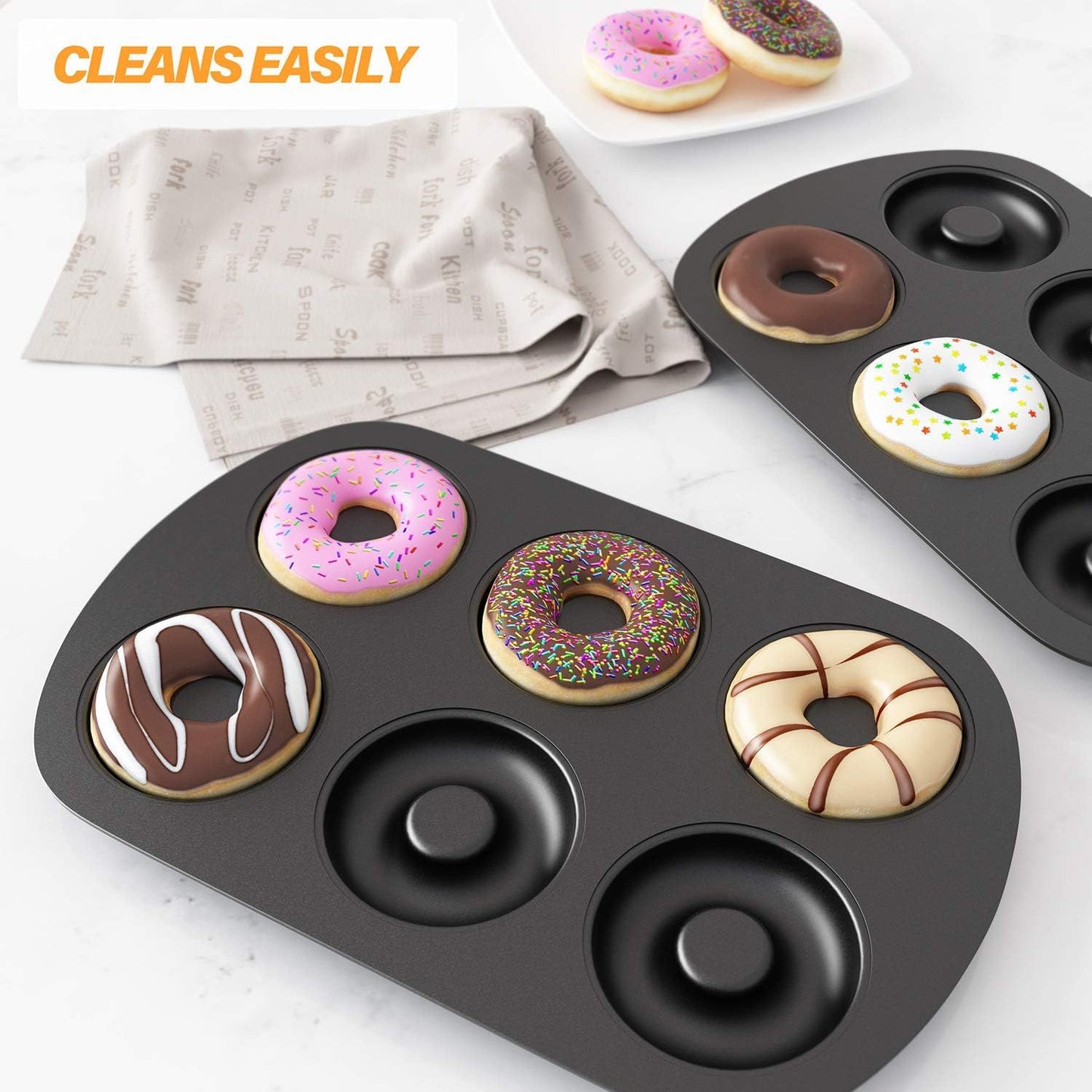 Non-Stick 6-Cavity Donut Baking Pans, Makes Individual ull-Sized 3 1/4" Donuts, Set o 3