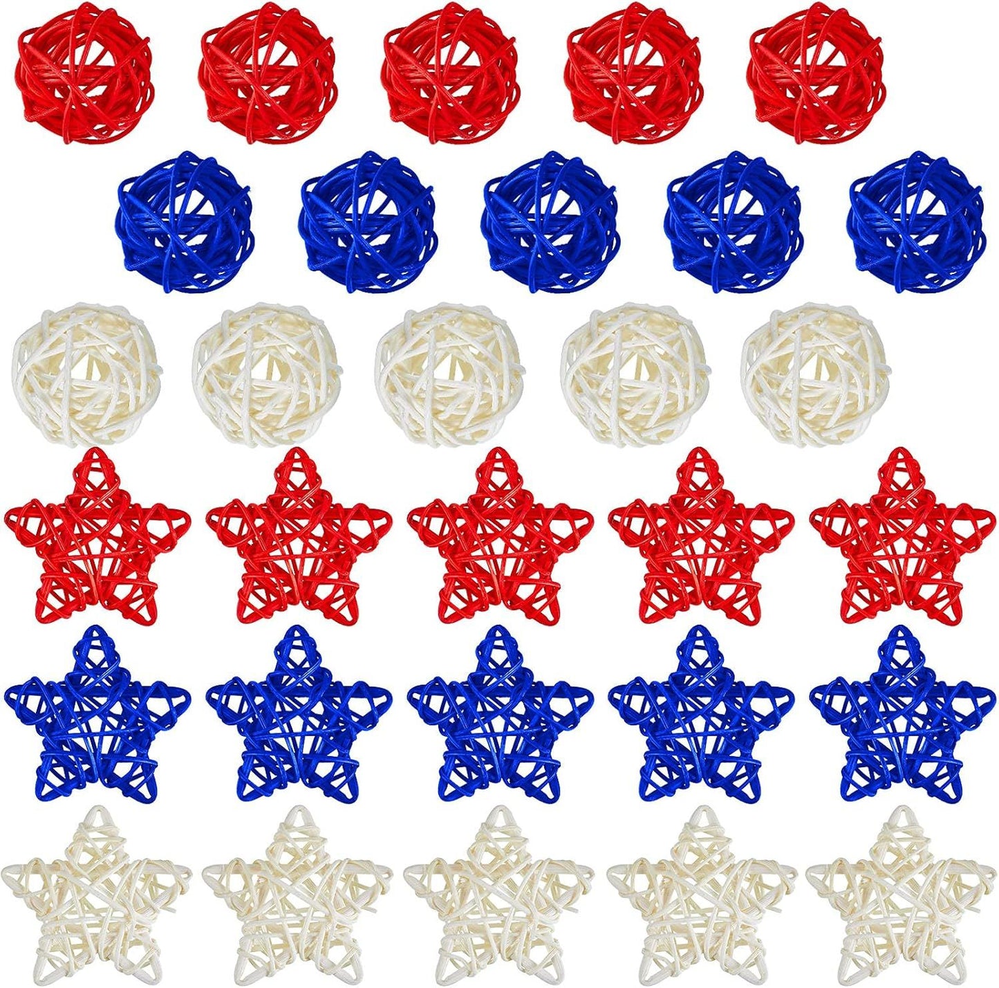 30 Pcs 4th o July Rattan Ball Decorations, Patriotic Red Blue White Stars or USA 250th Anniversary Home Decor Memorial Independence Day Crat Vase Bowl iller Table Party Decorative Supplies