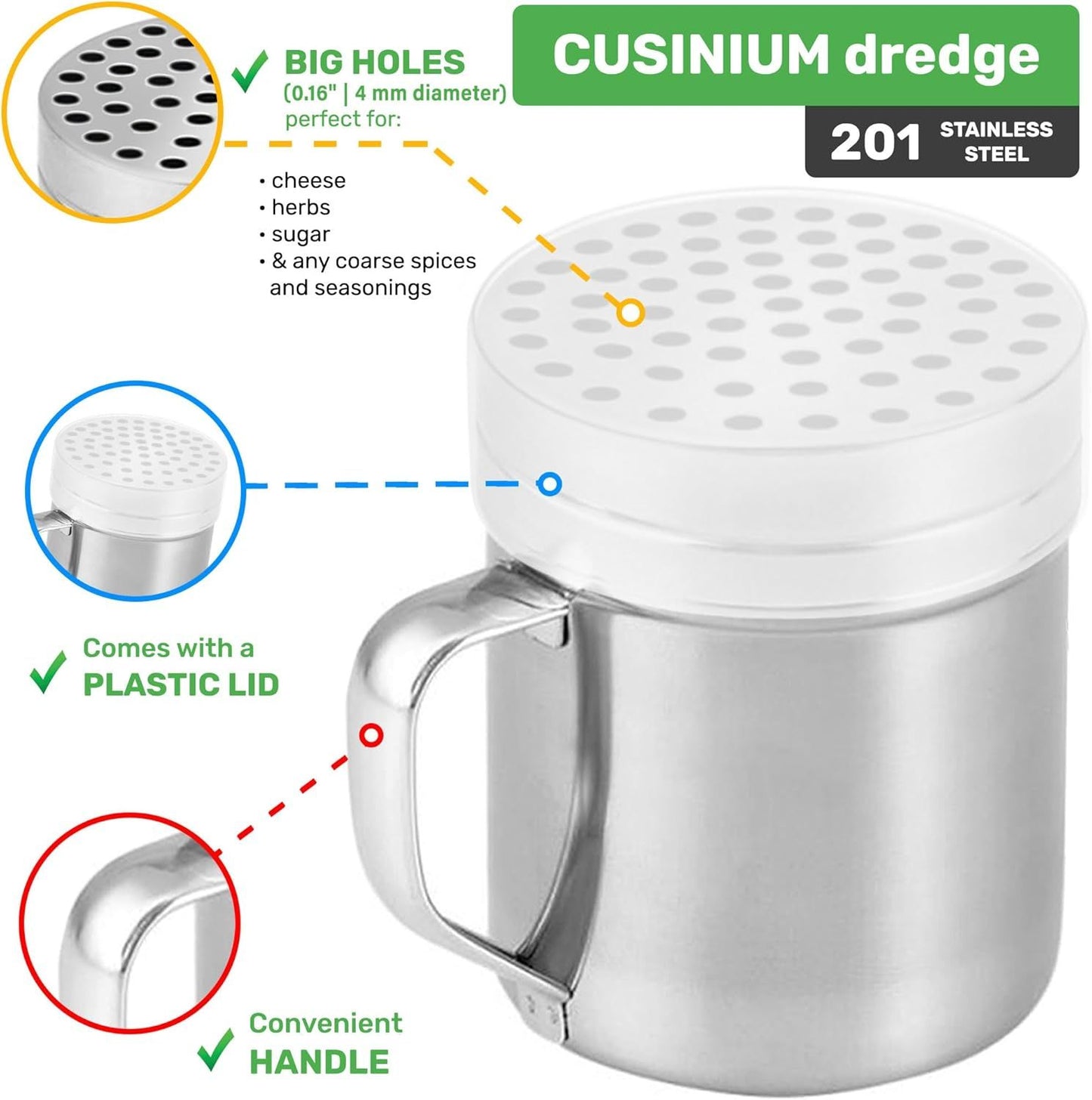 [Set o 3] 10oz Stainless Steel Dredges With Handle - ine Mesh + Medium Holes + Large Holes (or Coarse Seasonings)