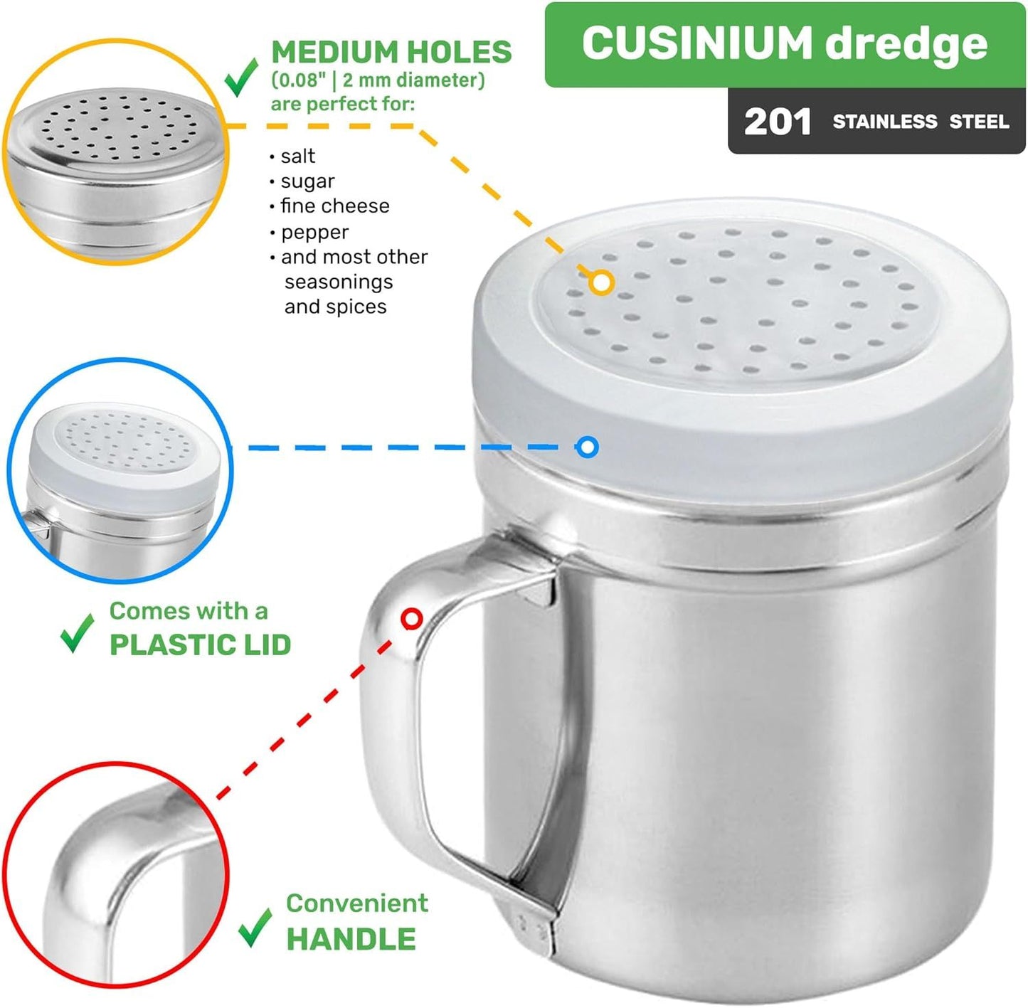 [Set o 3] 10oz Stainless Steel Dredges With Handle - ine Mesh + Medium Holes + Large Holes (or Coarse Seasonings)