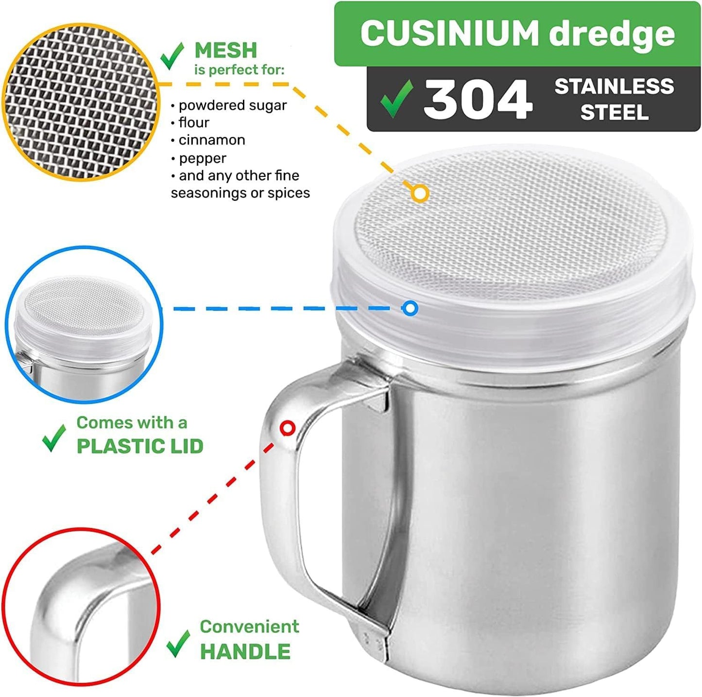 [Set o 3] 10oz Stainless Steel Dredges With Handle - ine Mesh + Medium Holes + Large Holes (or Coarse Seasonings)