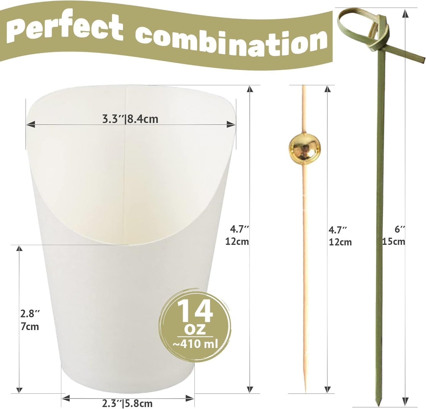 50pk 14oz White Charcuterie Cups with 200 Sticks (2 Types) - Wide Enlarged Top Cutout or Better Display - White Paper Charcuterie Board Cups Set