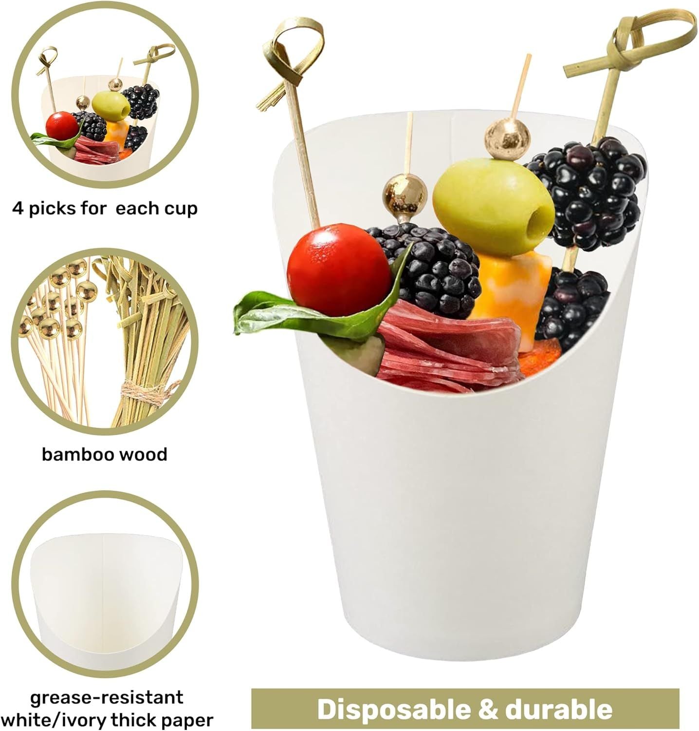 50pk 14oz White Charcuterie Cups with 200 Sticks (2 Types) - Wide Enlarged Top Cutout or Better Display - White Paper Charcuterie Board Cups Set