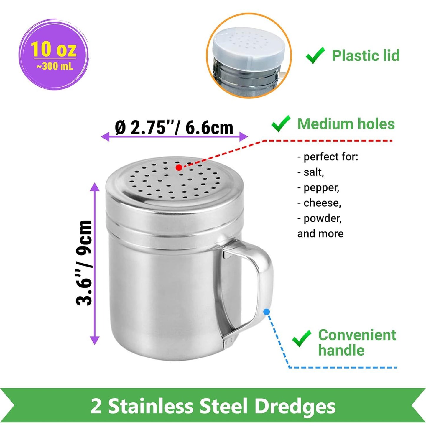 Double Handle Concession Popcorn Scoop + 12 oz Aluminium Popcorn Scoop + [2-pcs] 10 oz Dredge Shakers Bundle