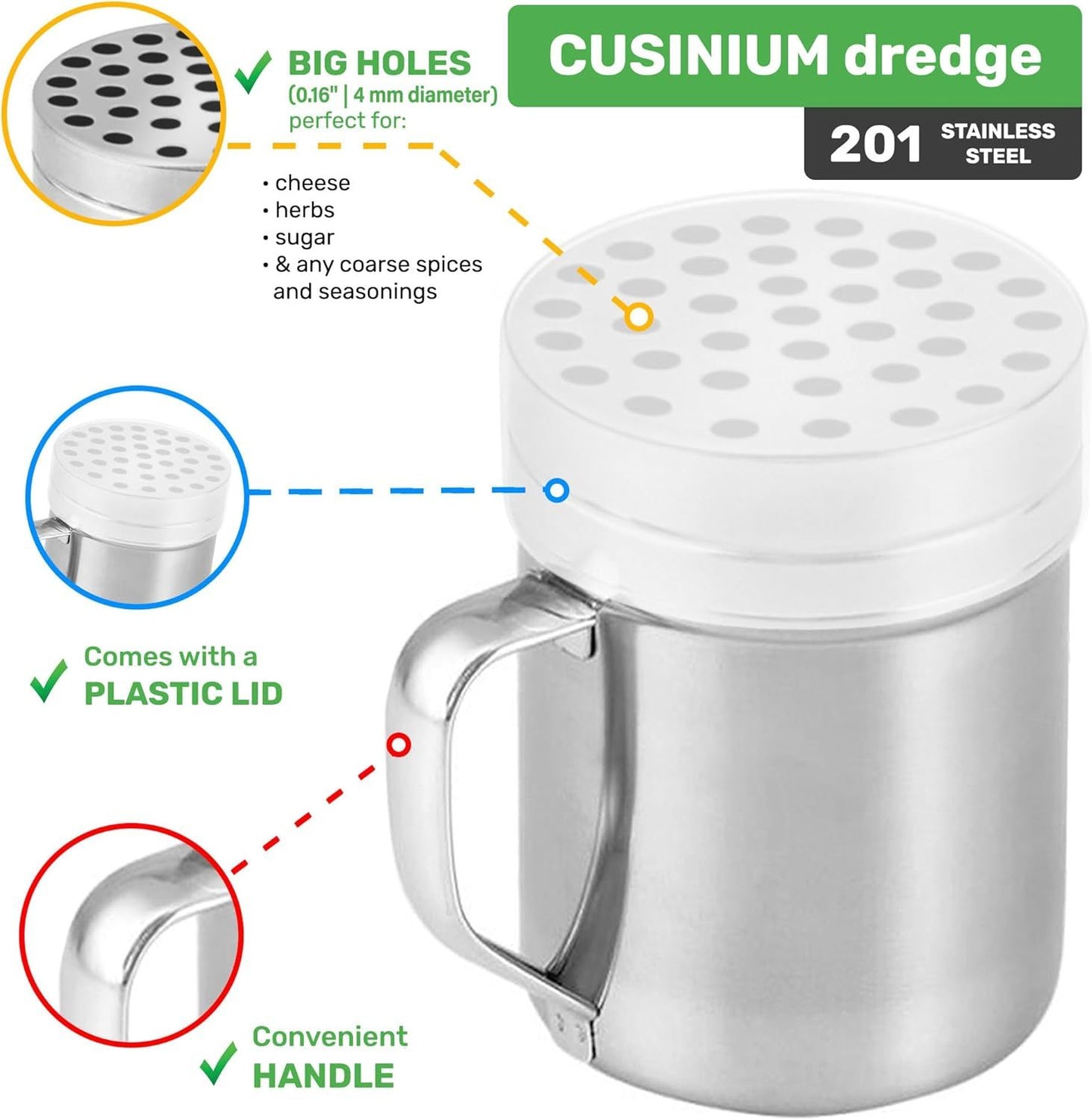 [2-pcs] 6 oz Metal Parmesan Cheese Shakers (Large Holes) + [2-pcs] 6 oz Stainless Steel Salt Pepper Dredge Shakers - All with Plastic Caps and Handles Bundle