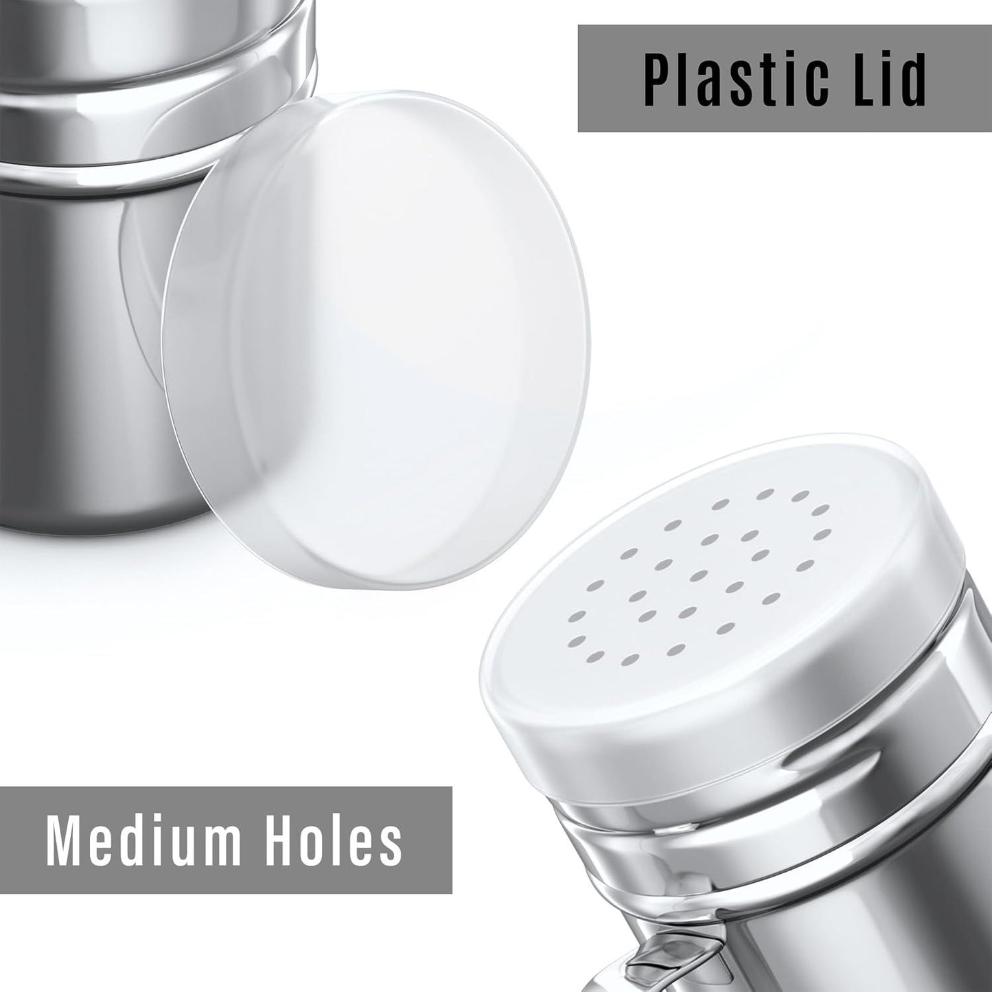 [2-pcs] 6 oz Metal Parmesan Cheese Shakers (Large Holes) + [2-pcs] 6 oz Stainless Steel Salt Pepper Dredge Shakers - All with Plastic Caps and Handles Bundle