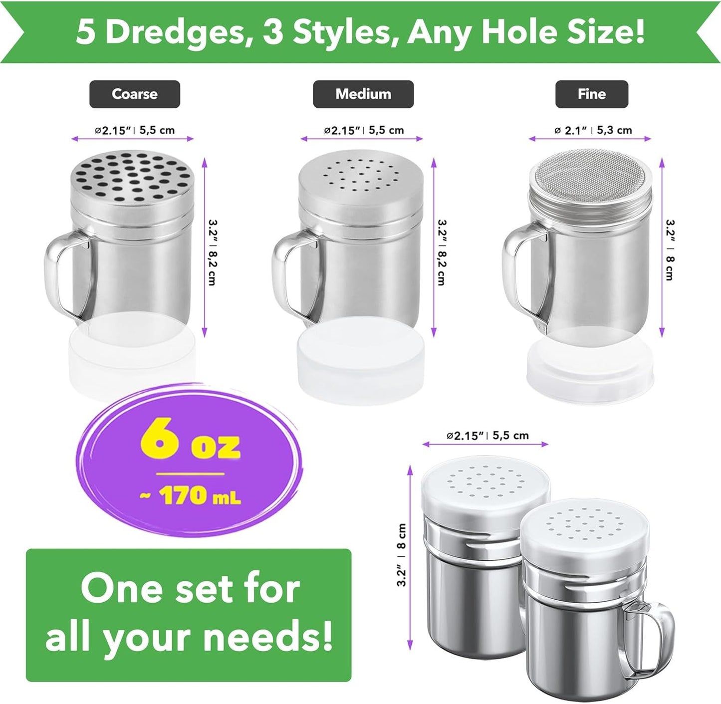 [3-pcs] 6 oz Stainless Steel Dredges (ine Mesh + Medium Holes + Large Holes) + [2-pcs] 6 oz Stainless Steel Salt Pepper Dredge Shakers - All with Plastic Caps and Handles Bundle