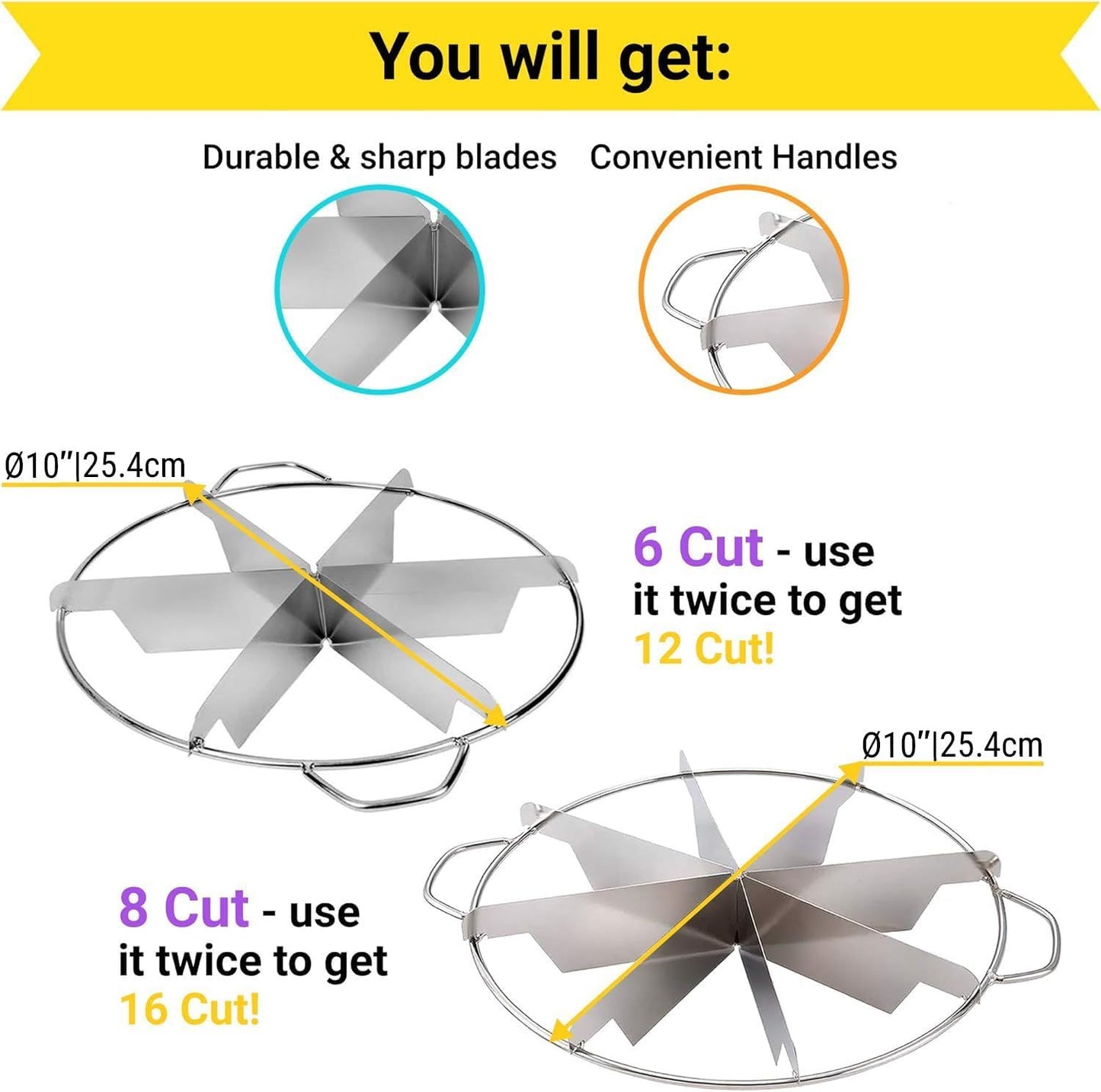 10-inch Stainless Steel 8+6-Piece Pie Slicers + 6 oz ine Mesh Shaker + 10 oz Medium Holes Dredge - with Handles and Plastic Caps Bundle