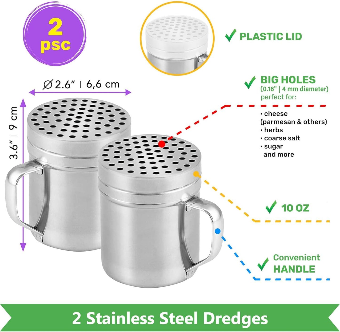 [10oz + 10oz + 14oz] Large Holes Stainless Steel Dredges + [1-pc] 10 oz Stainless Steel Salt Pepper Dredge Shaker - All with Plastic Caps and Handles Bundle