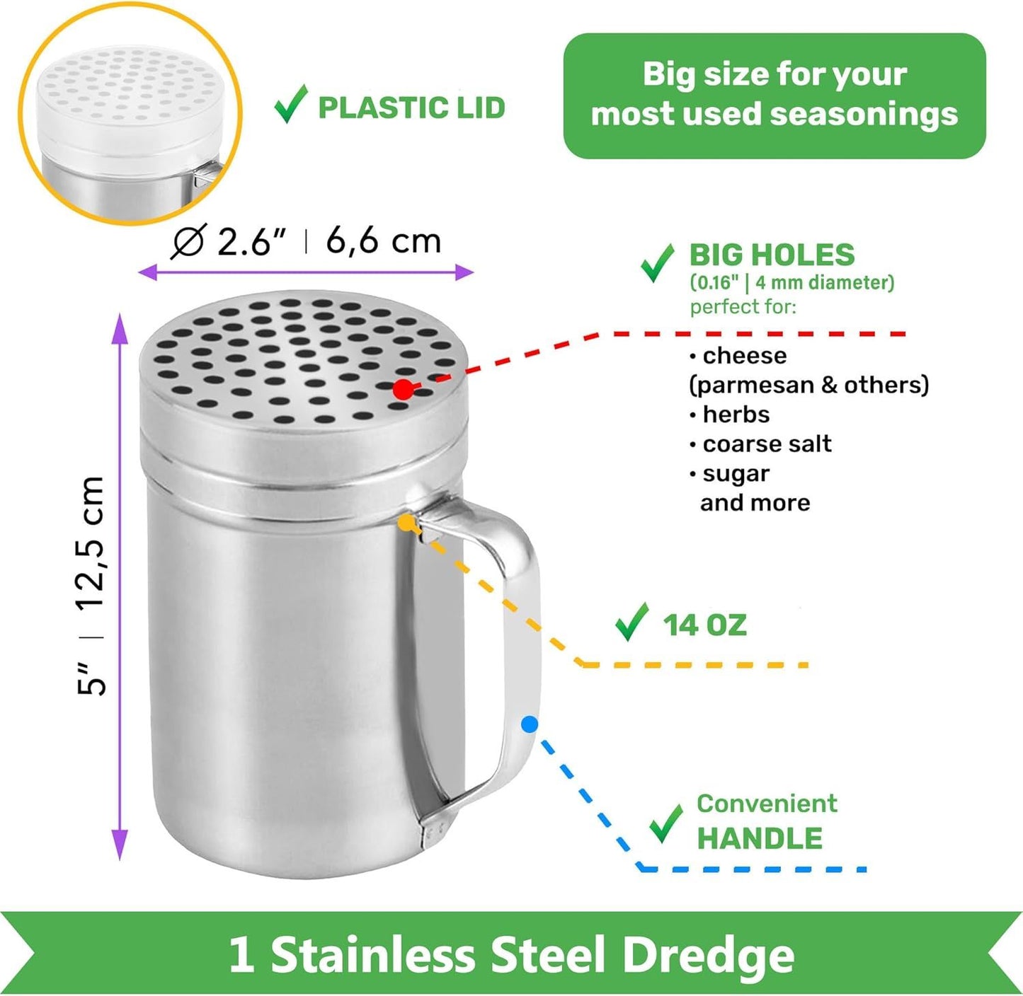 [10oz + 10oz + 14oz] Large Holes Stainless Steel Dredges + [1-pc] 10 oz Stainless Steel Salt Pepper Dredge Shaker - All with Plastic Caps and Handles Bundle