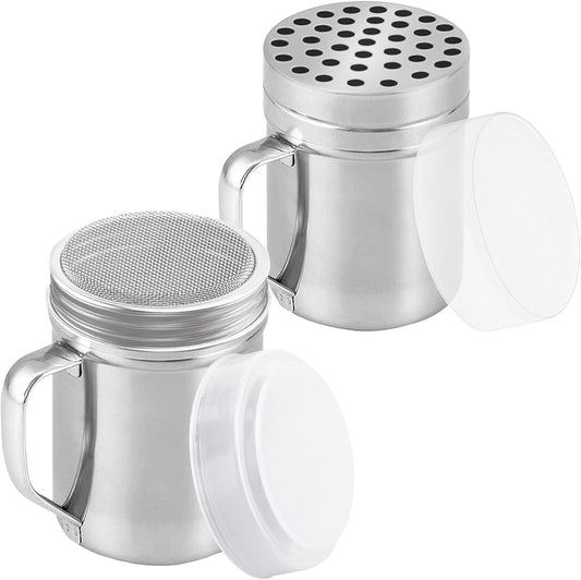 6 oz Powdered Sugar Shaker Duster + 6 oz Metal Parmesan Cheese Shaker (Large Holes) - All with Plastic Caps and Handles Bundle