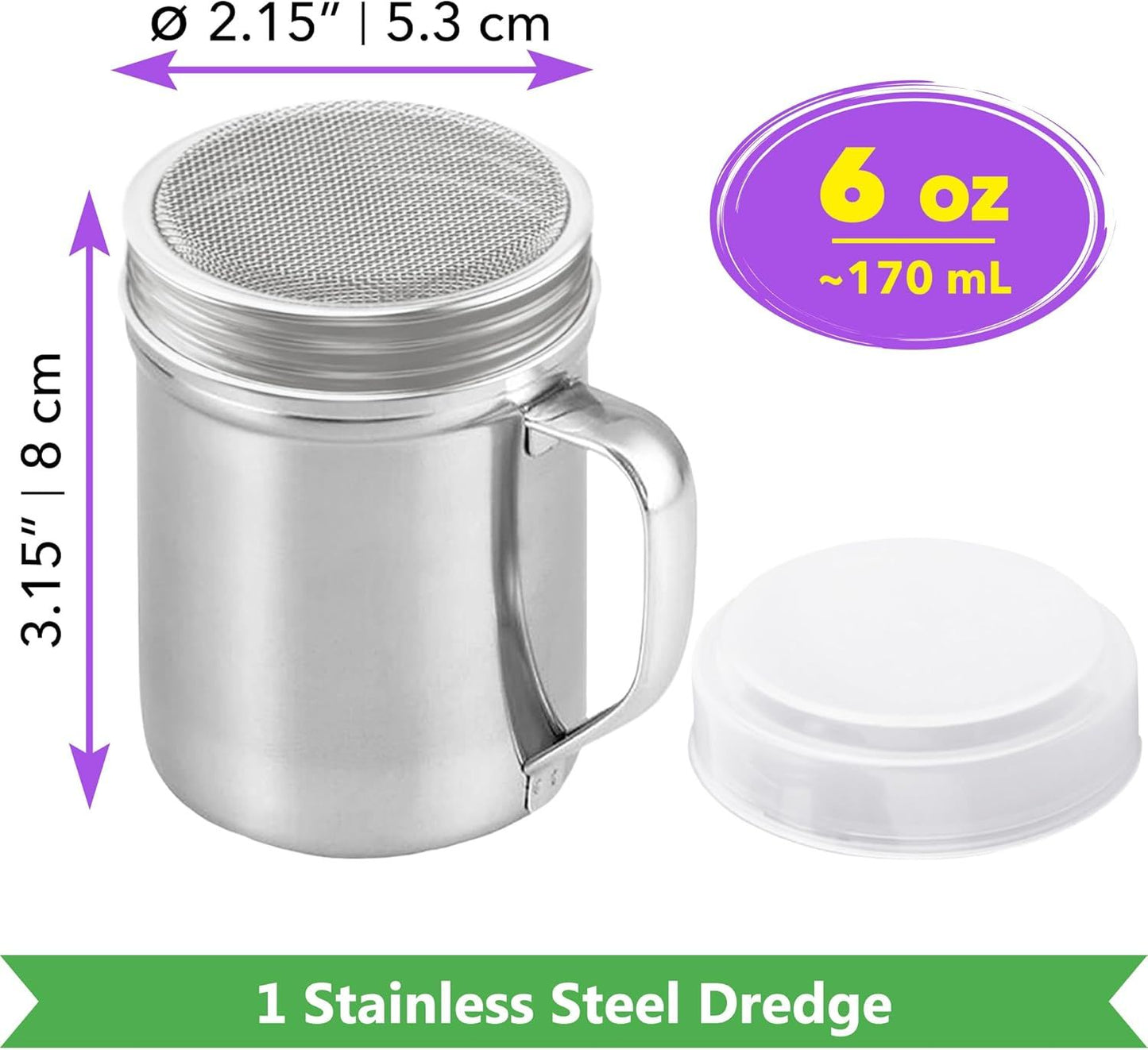 6 oz Powdered Sugar Shaker Duster + 6 oz Metal Parmesan Cheese Shaker (Large Holes) - All with Plastic Caps and Handles Bundle