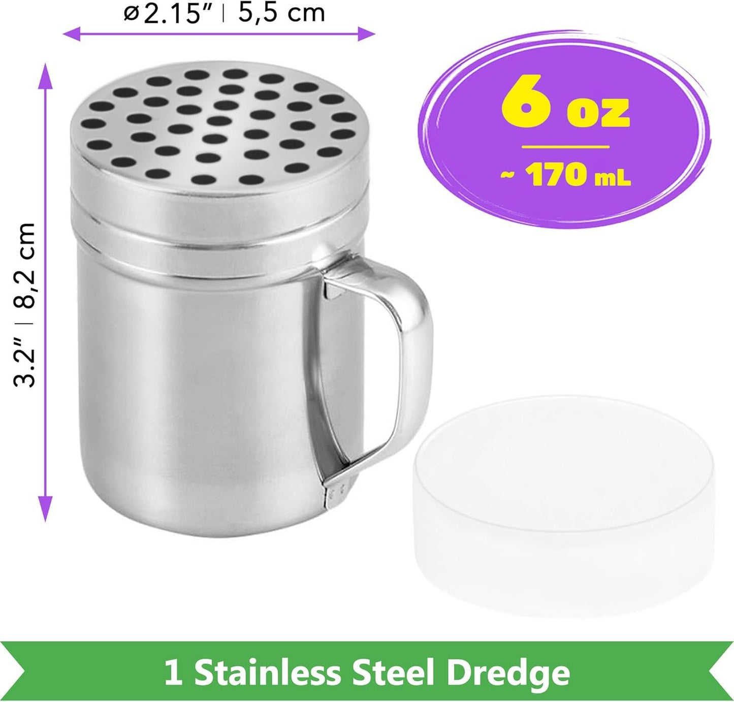 6 oz Powdered Sugar Shaker Duster + 6 oz Metal Parmesan Cheese Shaker (Large Holes) - All with Plastic Caps and Handles Bundle