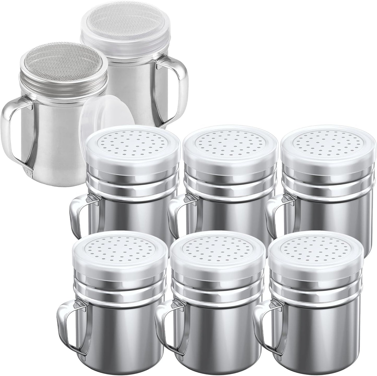 [6-pcs] 10 oz Stainless Steel Salt Pepper Dredge Shakers + [2-pcs] 10 oz Powdered Sugar Shakers - with Plastic Caps & Handles Bundle