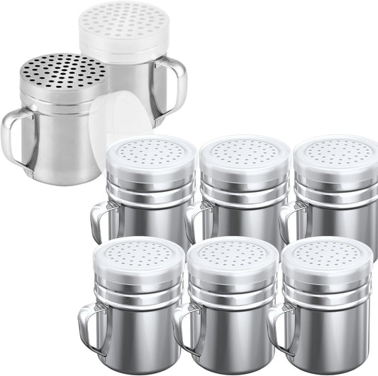[6-pcs] 10 oz Stainless Steel Salt Pepper Dredge Shakers + [2-pcs] 10 oz Metal Parmesan Cheese Shakers - with Plastic Caps & Handles Bundle