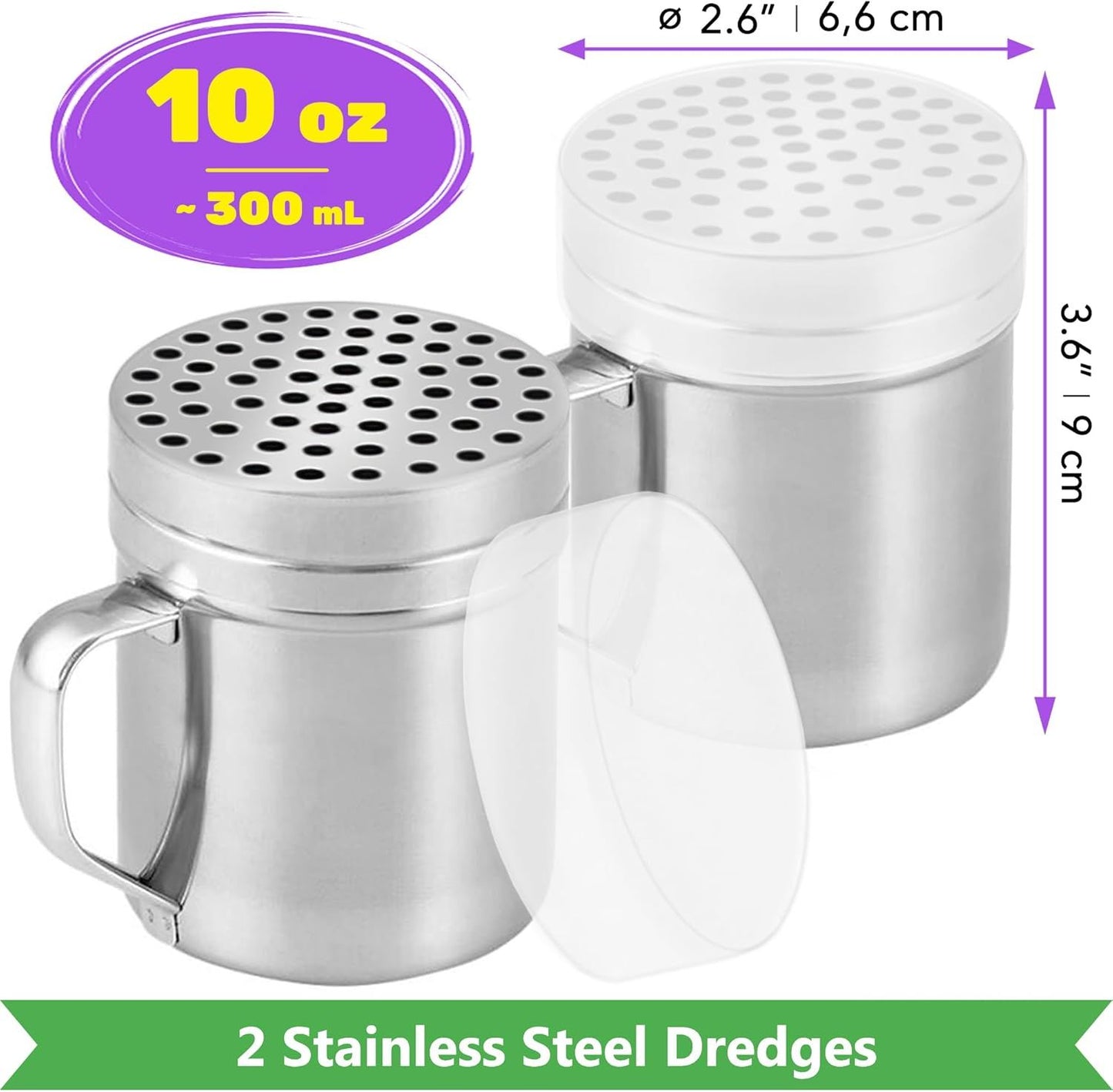 [6-pcs] 10 oz Stainless Steel Salt Pepper Dredge Shakers + [2-pcs] 10 oz Metal Parmesan Cheese Shakers - with Plastic Caps & Handles Bundle