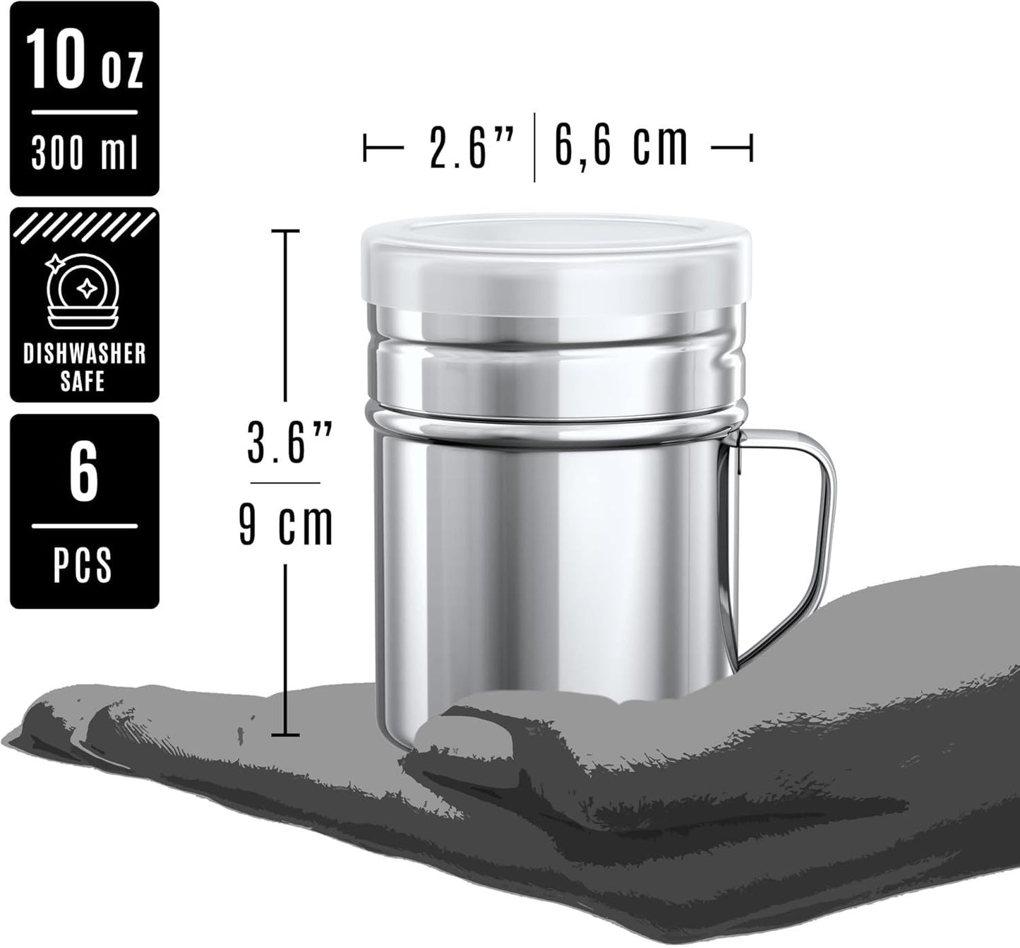 [6-pcs] 10 oz Stainless Steel Salt Pepper Dredge Shakers + [2-pcs] 10 oz Metal Parmesan Cheese Shakers - with Plastic Caps & Handles Bundle