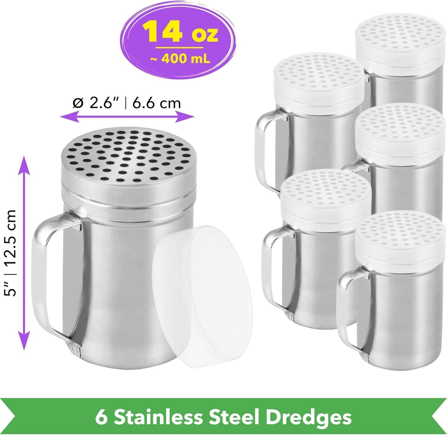 [6-pcs] 14 oz Metal Parmesan Cheese Shakers (Large Holes) + [1-pc] 10 oz Stainless Steel Salt Pepper Dredge Shaker - with Plastic Caps & Handles Bundle