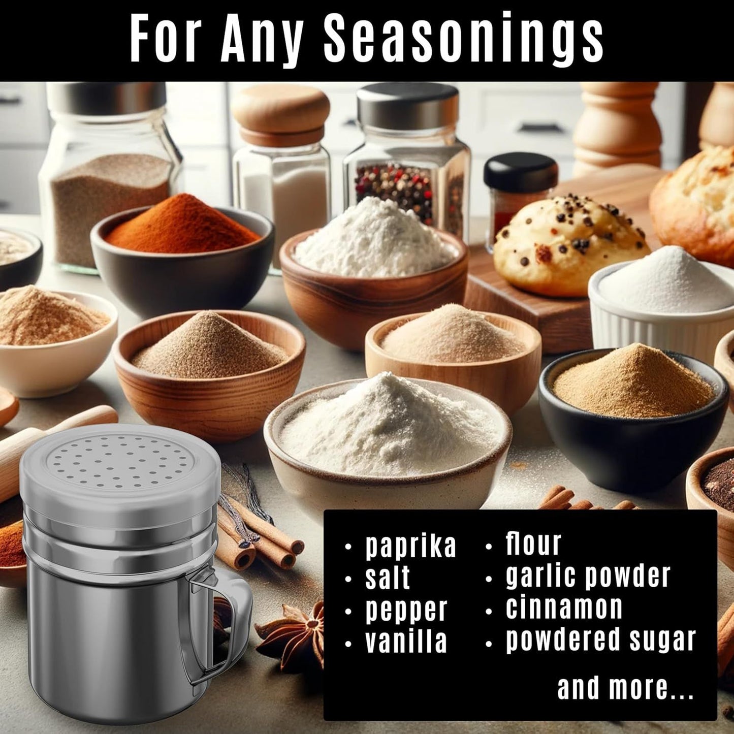 [6-pcs] 14 oz Metal Parmesan Cheese Shakers (Large Holes) + [1-pc] 10 oz Stainless Steel Salt Pepper Dredge Shaker - with Plastic Caps & Handles Bundle