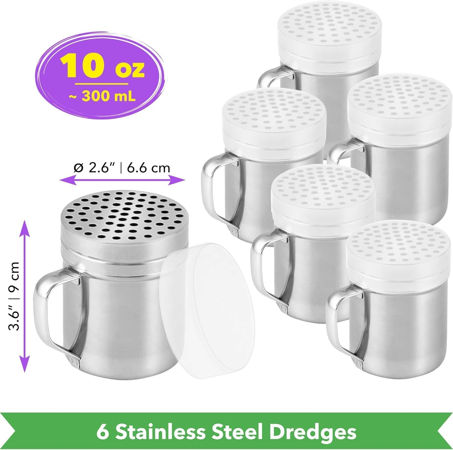 [6-pcs] 10 oz Metal Parmesan Cheese Shakers (Large Holes) + [1-pc] 10 oz Stainless Steel Salt Pepper Dredge Shaker - with Plastic Caps & Handles Bundle